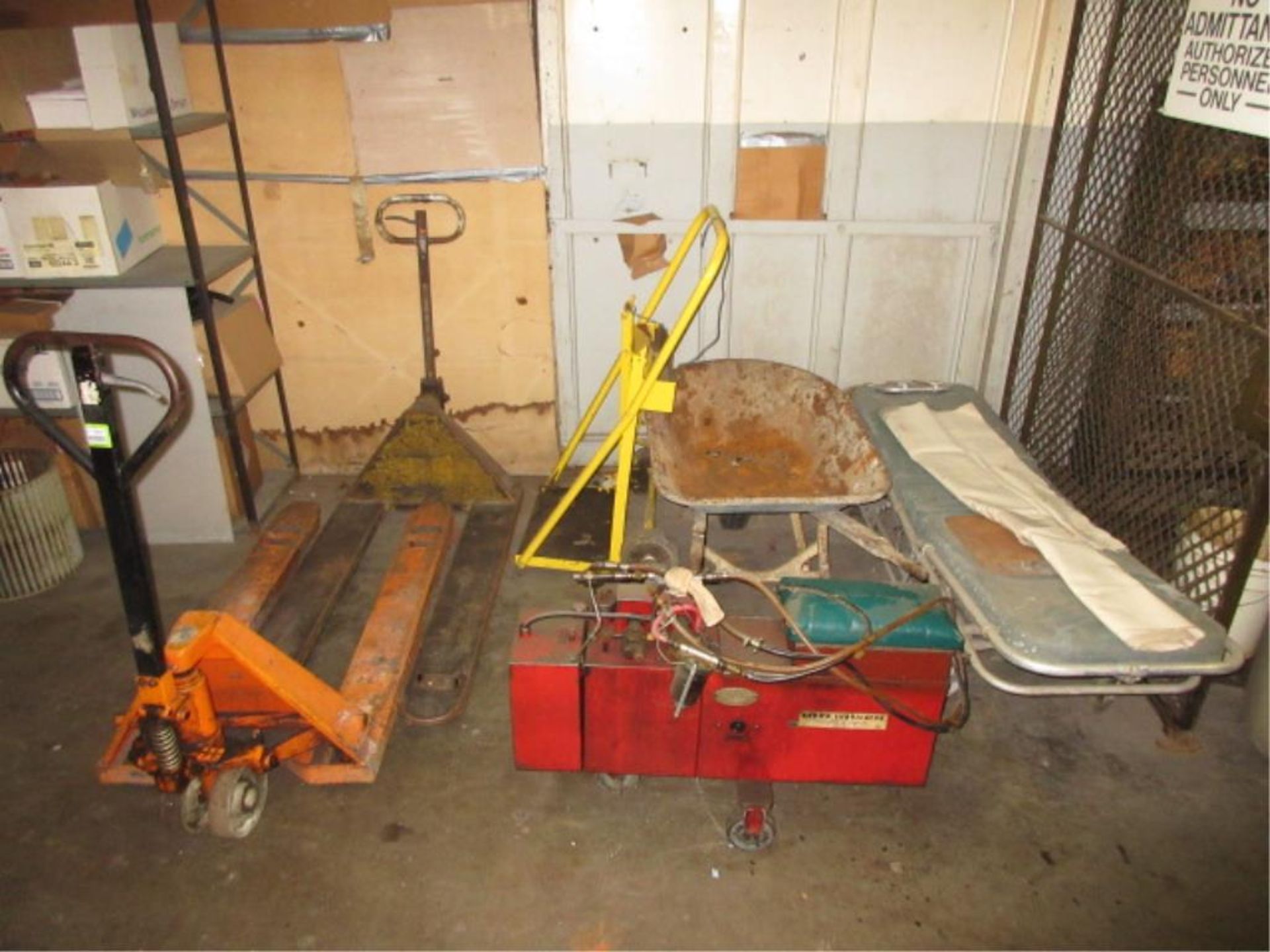 Lot (6pcs) Assorted Shop Equipment, includes: (2) pallet jacks, (1) bottle cart, (1) lube unit, (1)