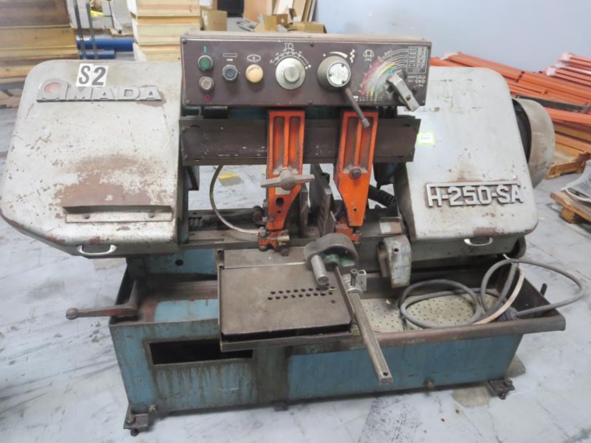 Amada H-250-SA Horizontal Band Saw, 12" x 7" max stock, 3ph, 2.2kw motor. HIT# 2203454. Back