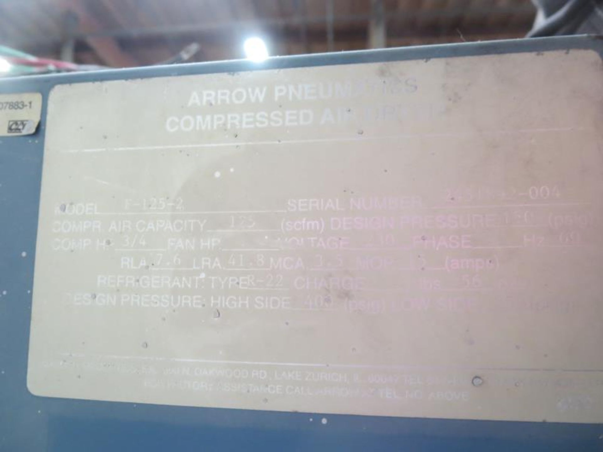 Arrow F-125-2 Air Dryer. Air Capacity 125 psi, 3/4 hp motor, 230v single phase. S/N 2451892-004. - Image 3 of 3