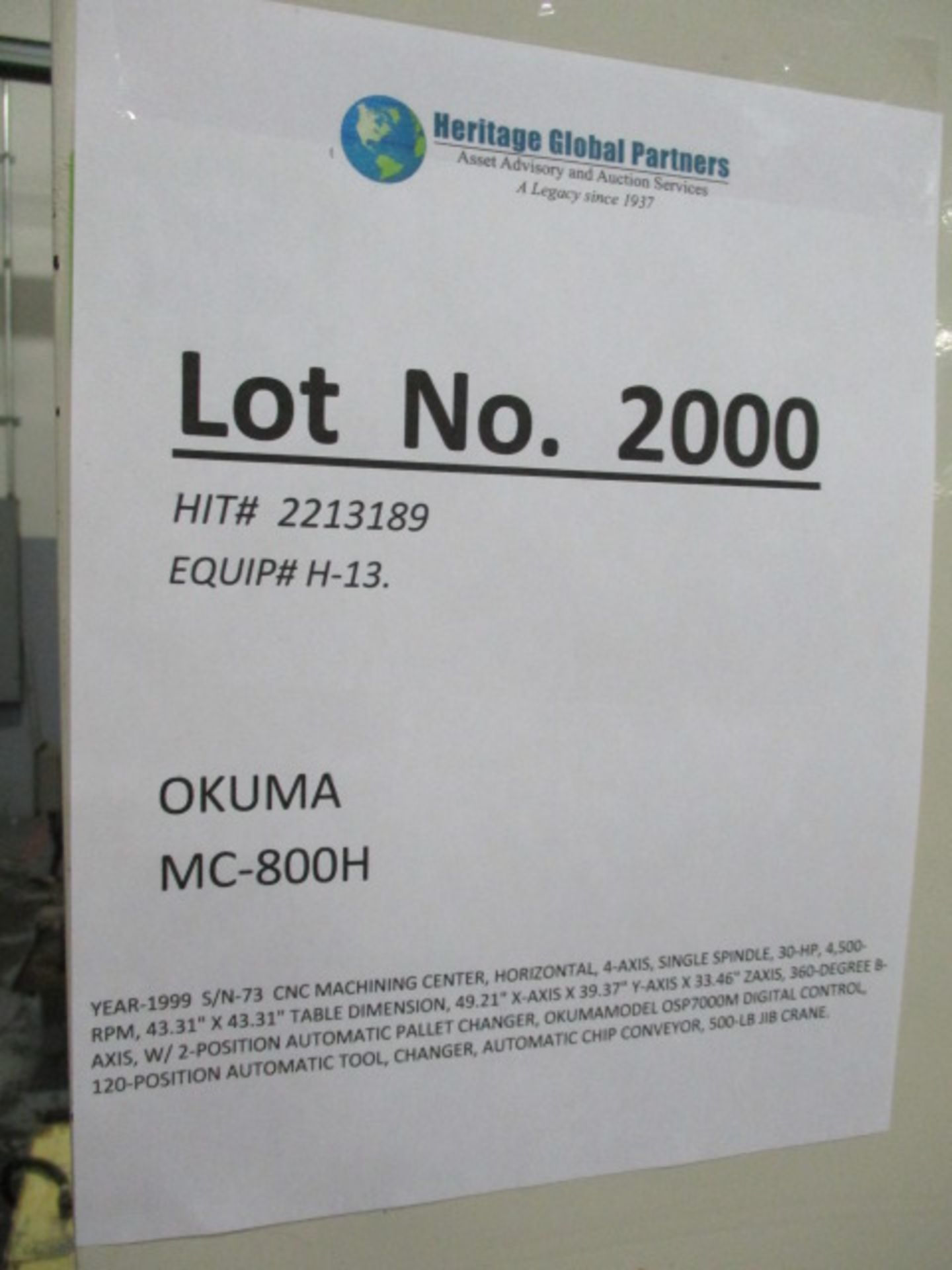 OKUMA MC-800H CNC MACHINING CENTER, HORIZONTAL, YEAR-1999 S/N-73, 4-AXIS, SINGLE SPINDLE, 30-HP, 4, - Image 25 of 25