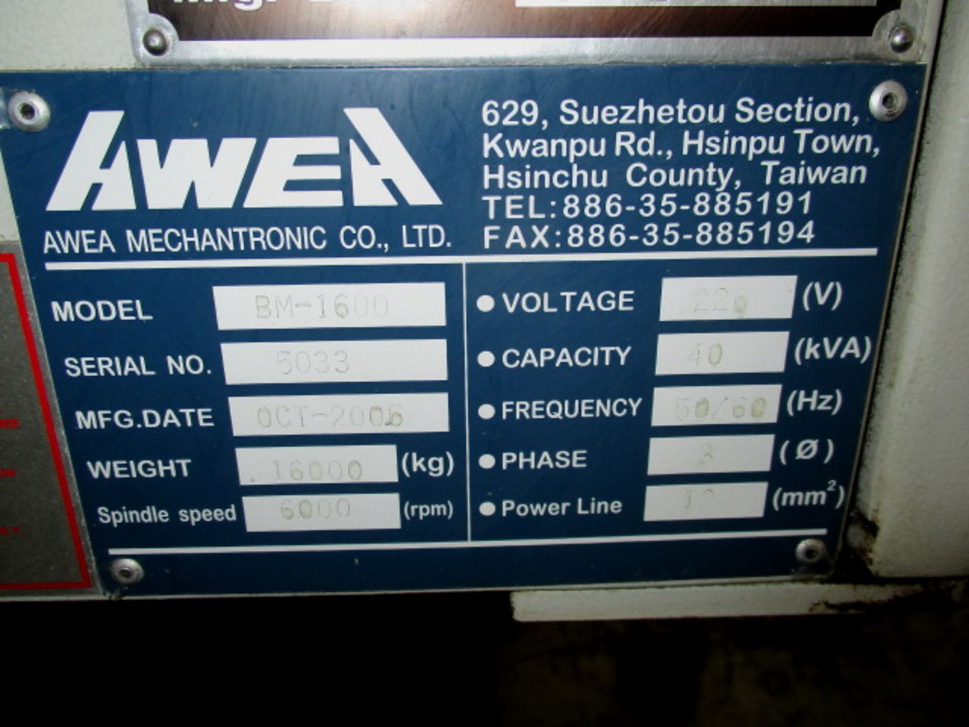 AWEA BM-1600 CNC MACHINING CENTER, VERTICAL, YEAR-2005, S/N-5033, 4-AXIS, 30-HP, 8,000-RPM, (3) - Image 2 of 10