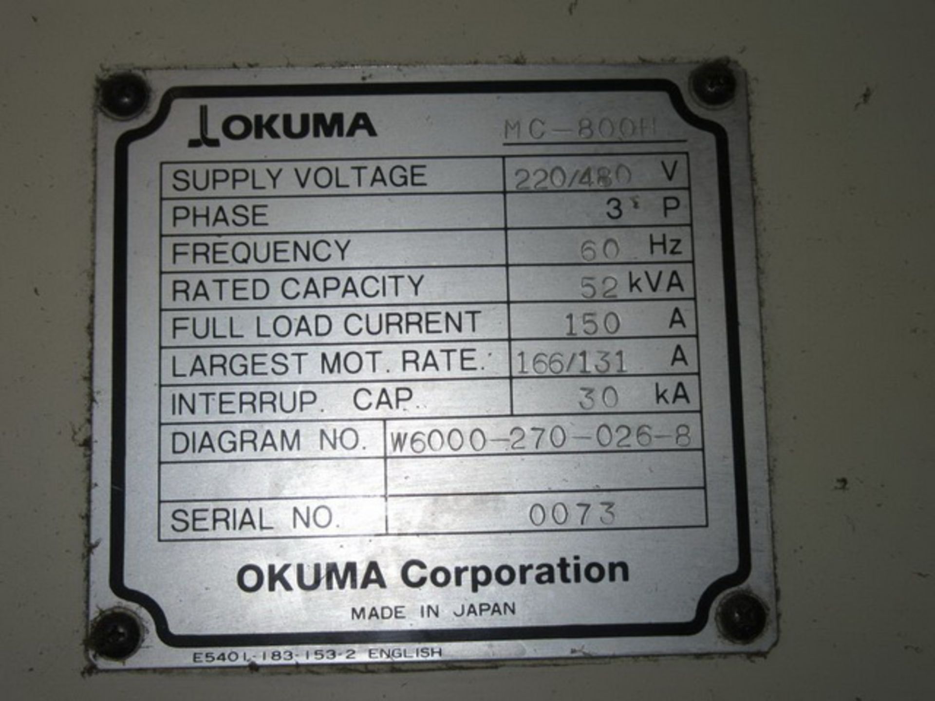 OKUMA MC-800H CNC MACHINING CENTER, HORIZONTAL, YEAR-1999 S/N-73, 4-AXIS, SINGLE SPINDLE, 30-HP, 4, - Image 5 of 25