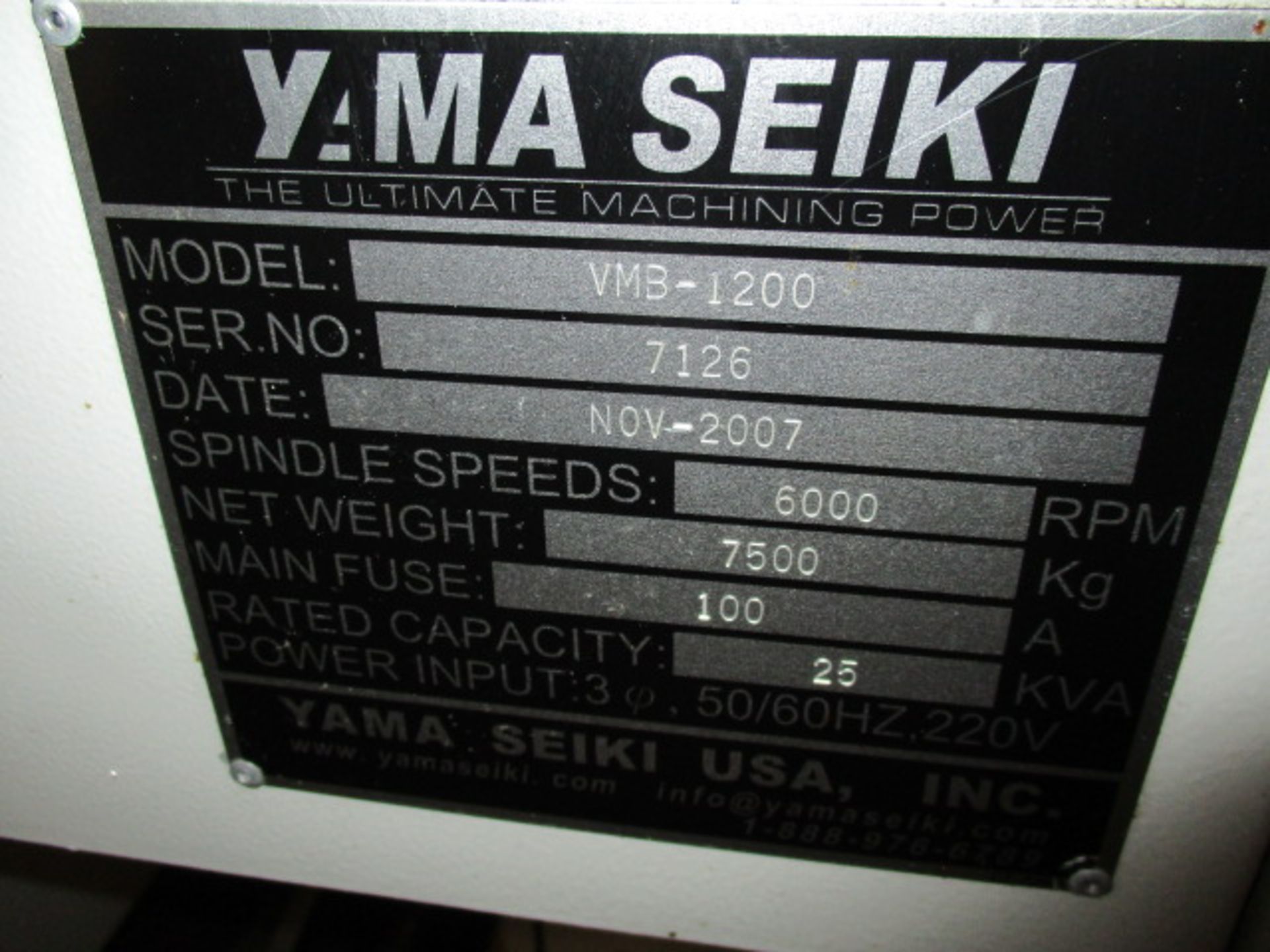YAMA SEIKI VMB-1200-50T CNC MACHINING CENTER, VERTICAL, YEAR-2007, S/N-7126, 3-AXIS, 15-HP, 6,000- - Image 2 of 8