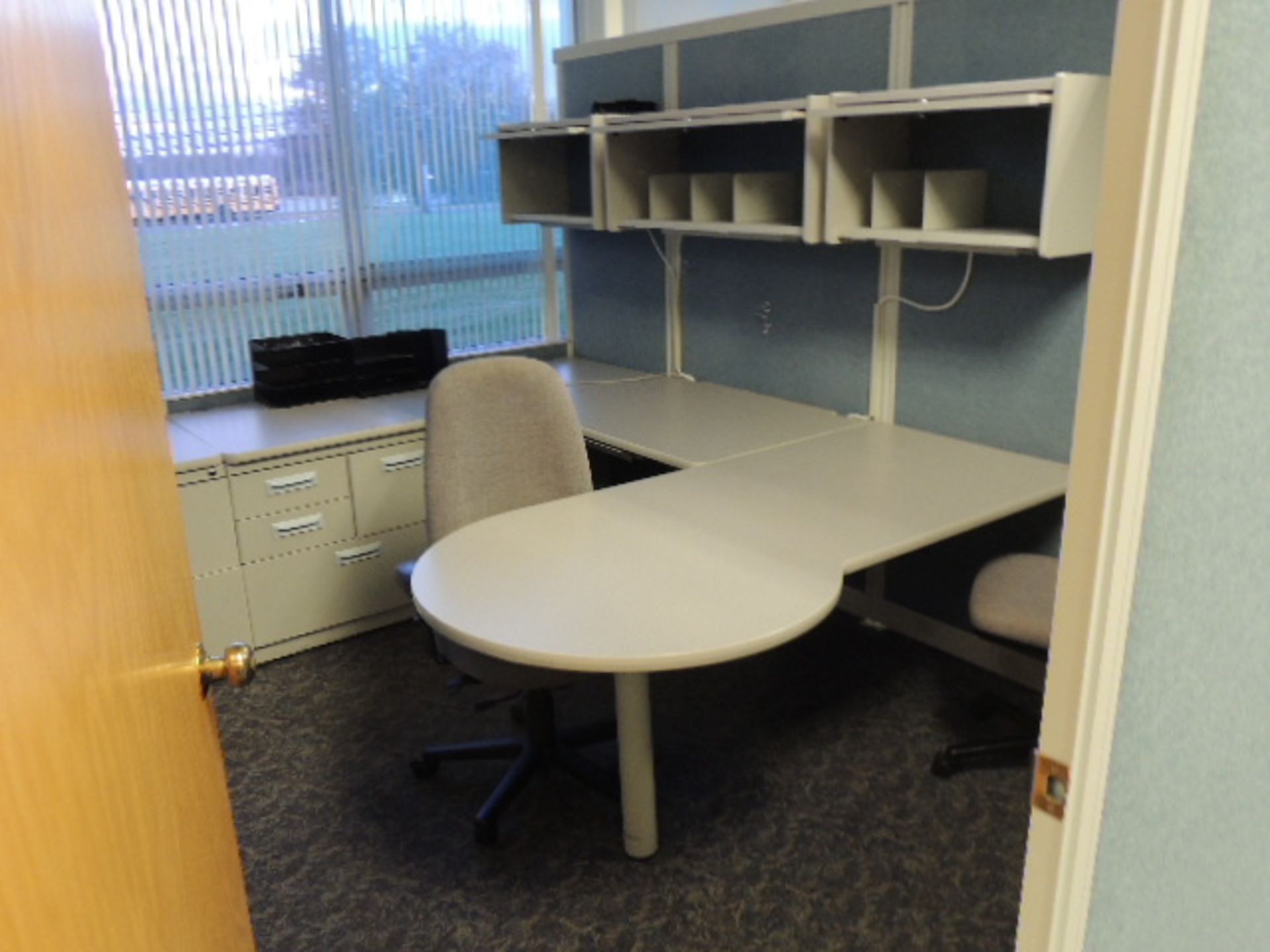 Office Cubicles & Contents. Lot: (8) offices w/ wooden and metal desks, file cabinets and lateral - Image 35 of 47