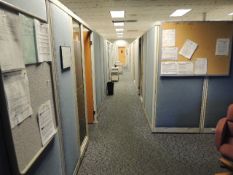 Office Cubicles & Contents. Lot: (7) 10'x12'x8' cubicles with glass panel, desks and file