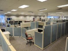 Office Cubicles & Contents. Lot: (2) cubicles 10'x10'x61" with desks and file cabinets, (5) cubicles