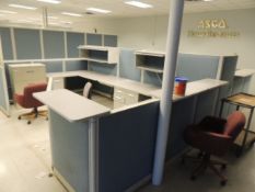 Office Cubicles & Contents. Lot: (4) offices w/ wooden and metal desks, file cabinets and lateral