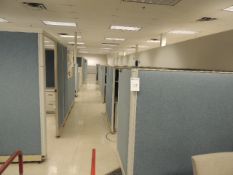 Office Cubicles & Contents. Lot: (1) cubicle 8'x7'x61" desk and file cabinets, (40) cubicles 10'