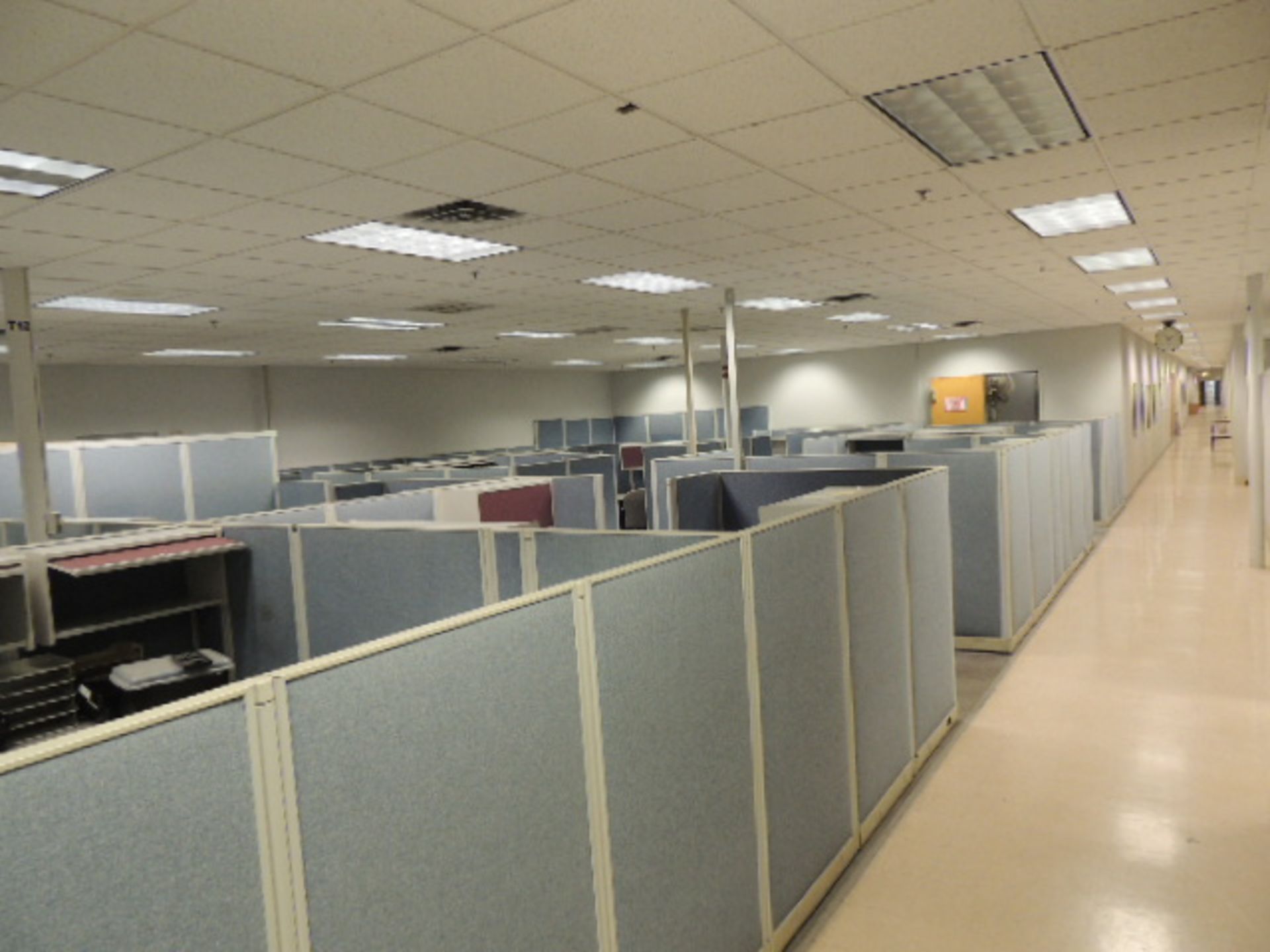 Office Cubicles & Contents. Lot: (3) cubicles 10'x12'x8' with metal desks, file cabinet and