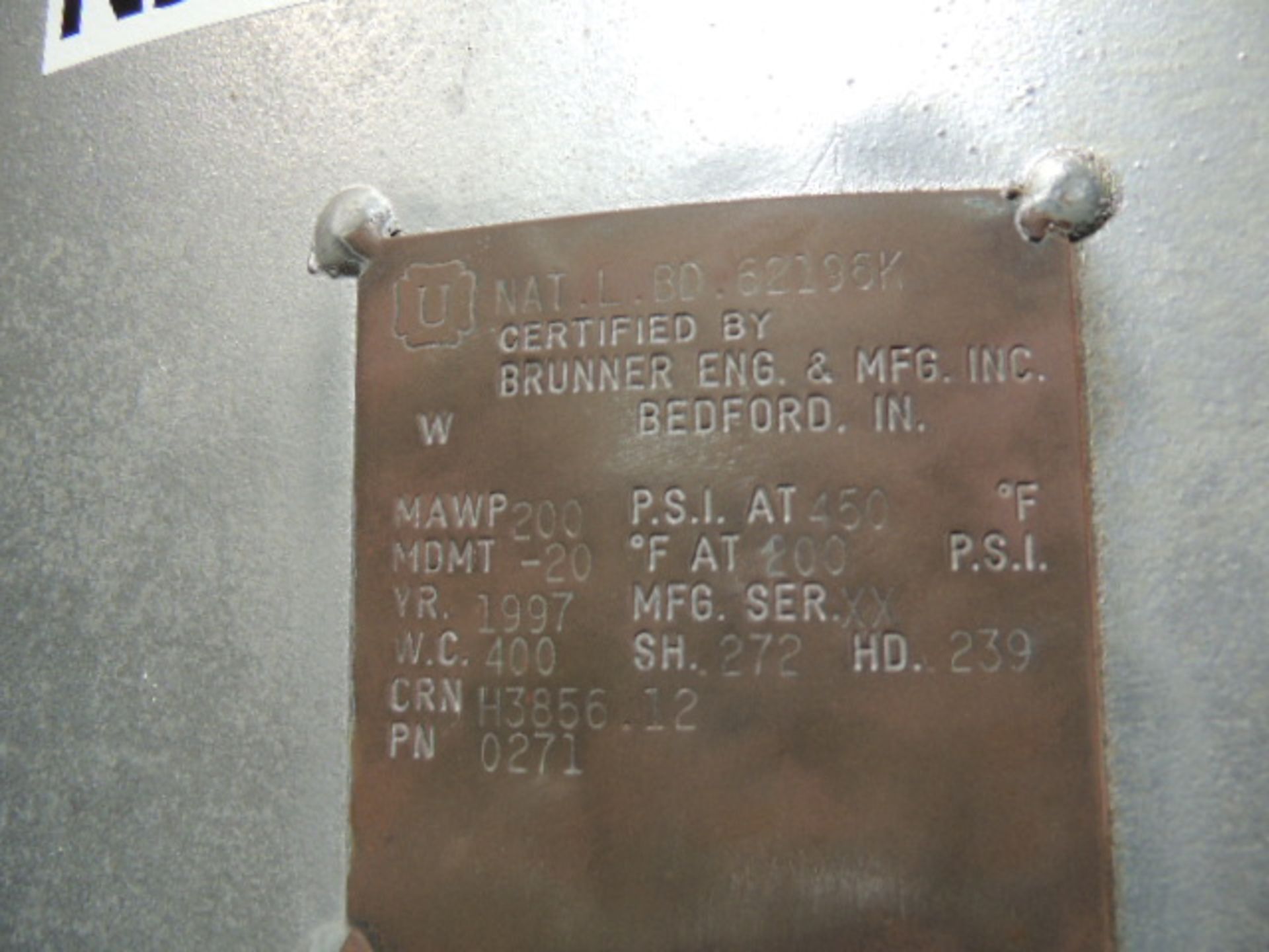 ASME 110psi Air receiver 200gal. pressure vessel, mfg. 1997. Certified by Brunner Eng. SN# XX. - Image 3 of 3