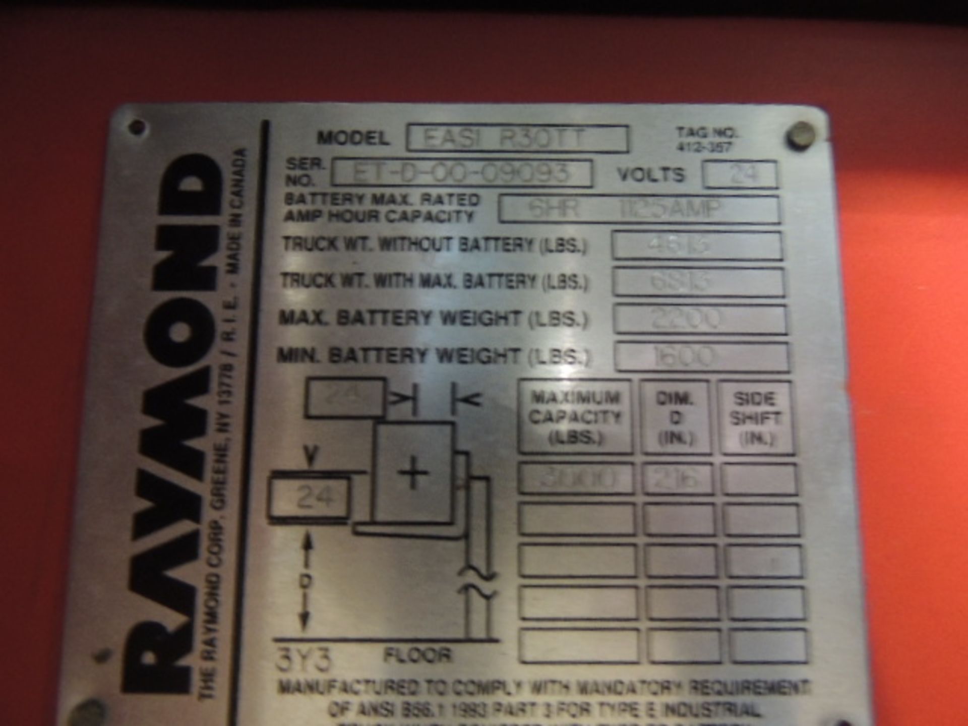 Raymond R3011 Forklift, 3000lb capacity, 36" forks, 2 stage mast, stand up , 24 volt electric w/ - Bild 5 aus 9