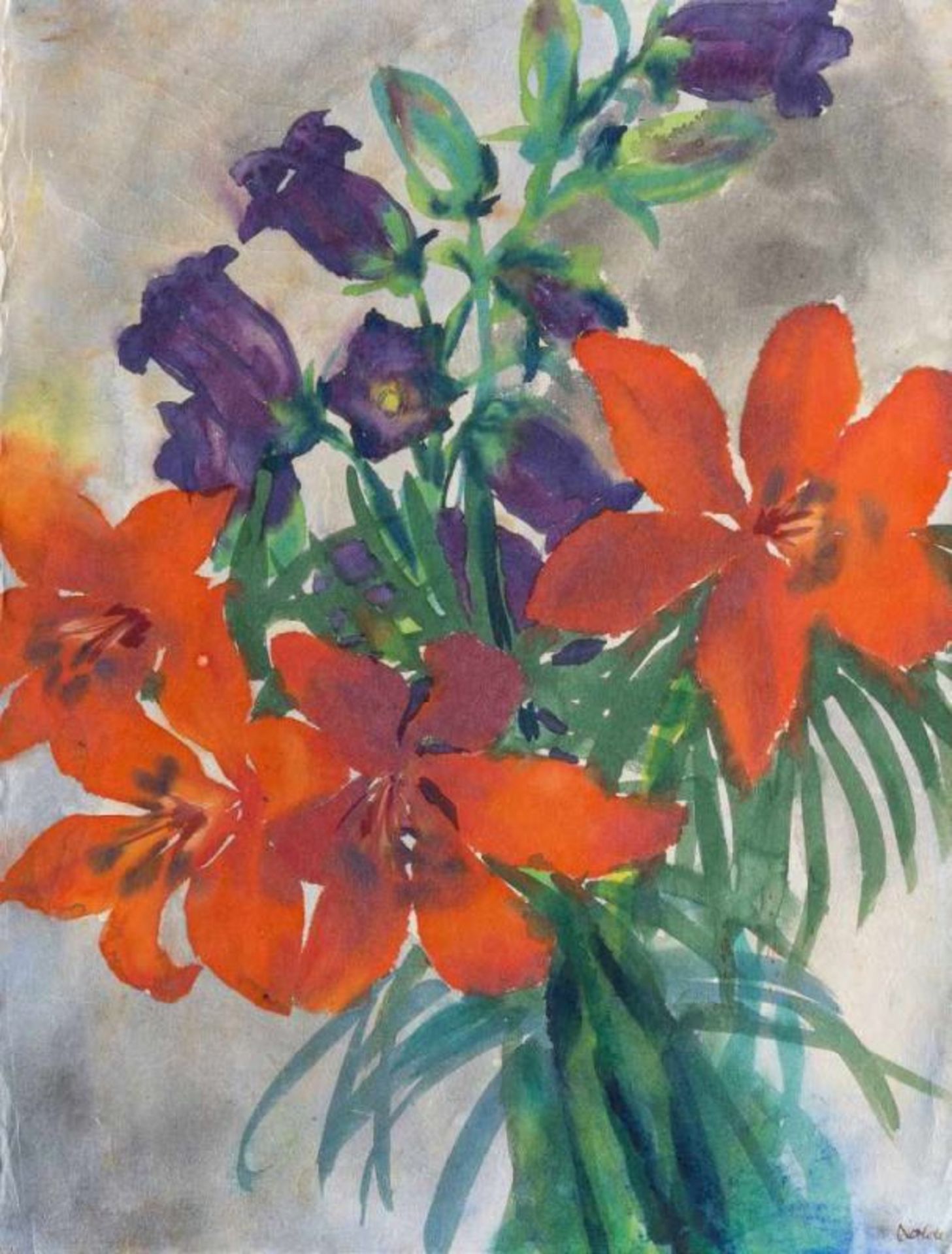 EMIL NOLDE 1867 Nolde - 1956 Seebüll 'FEUERLILIEN UND GLOCKENBLUMEN' Aquarell auf Japanpapier. BM 47