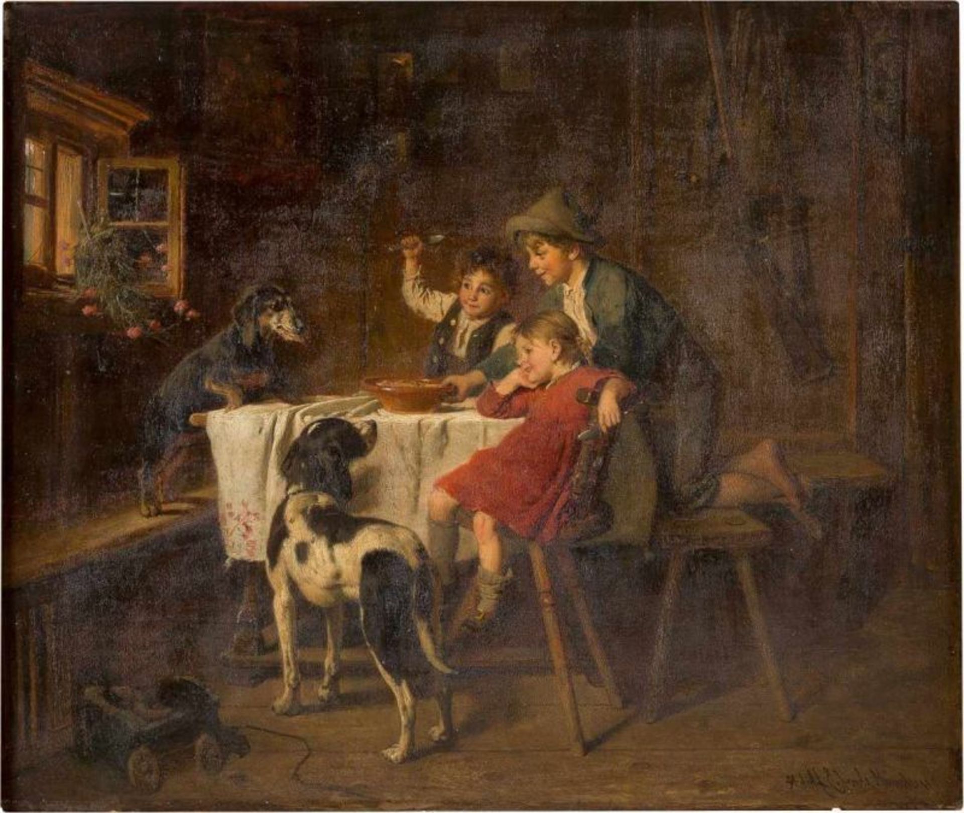 ADOLF EBERLE 1843 München - 1914 ebenda AM KÜCHENTISCH Öl auf Holz, parkettiert. 46,5 cm x 55 cm.