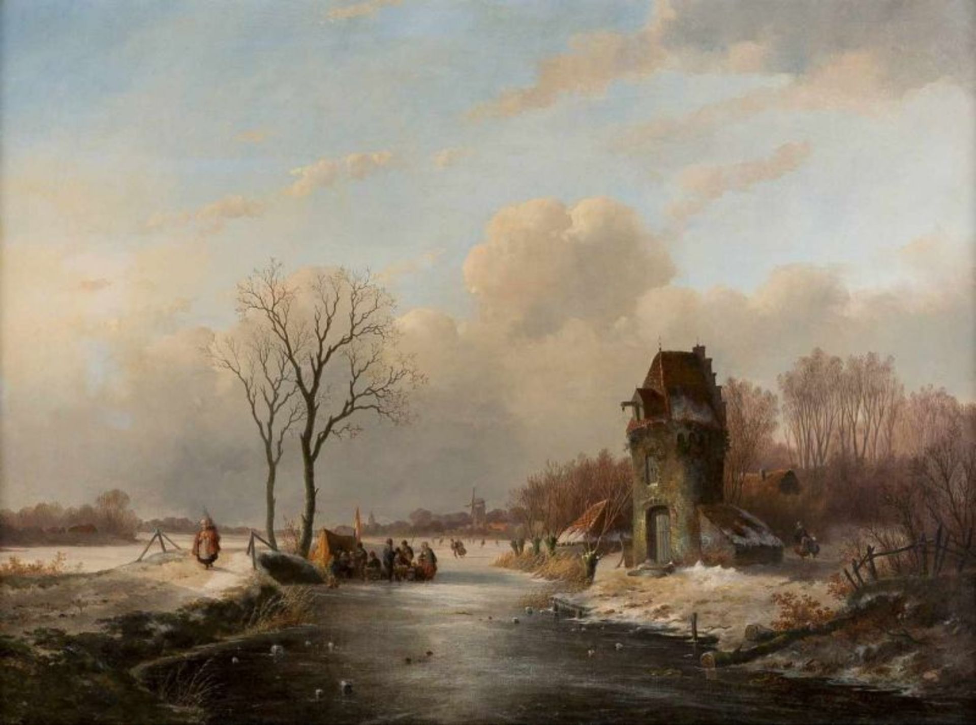 JAN JACOB SPOHLER 1811 Nederhorst den Berg - 1866 Amsterdam WINTERLANDSCHAFT MIT REGEM TREIBEN AUF