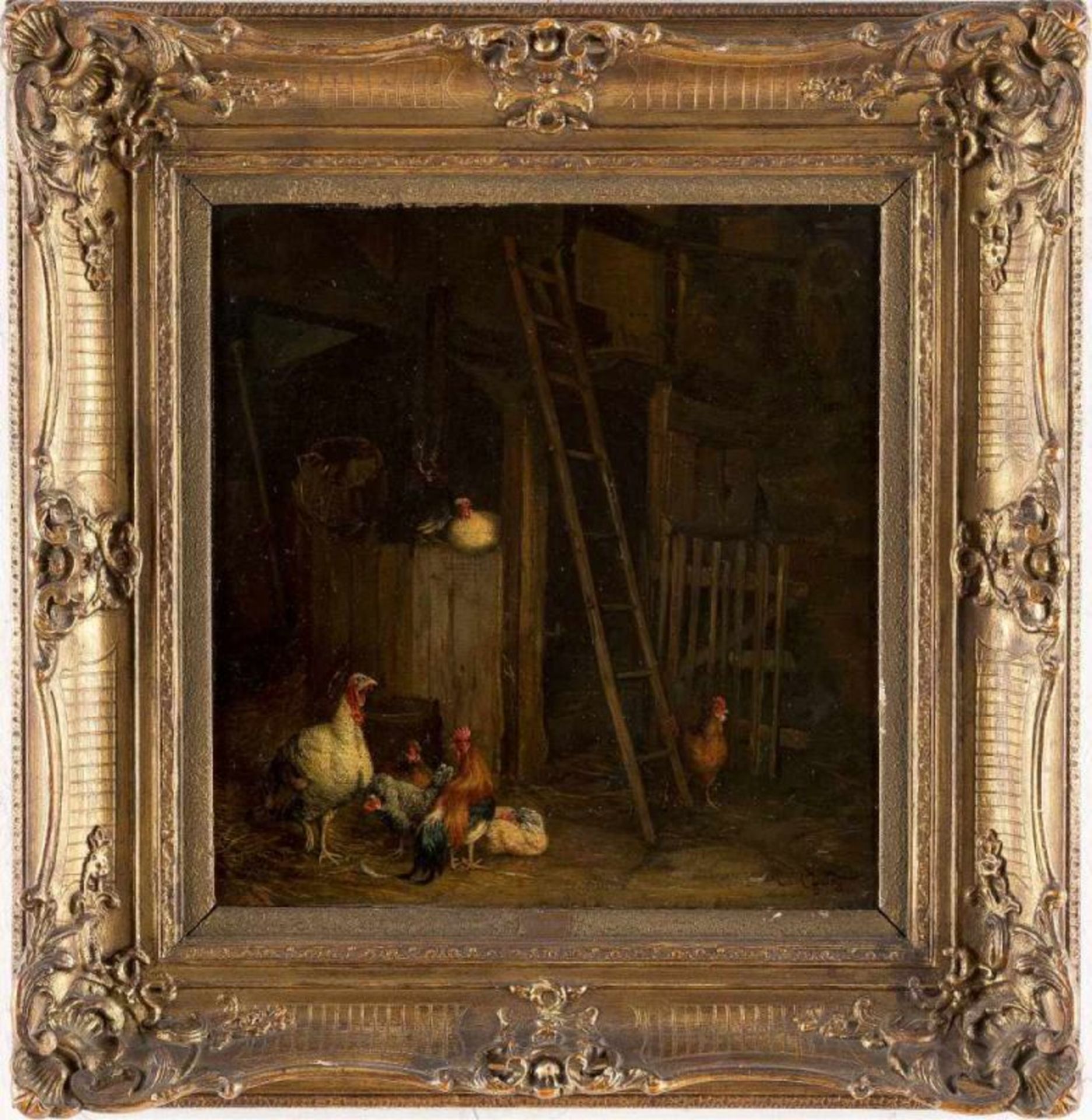 CARL D.Ä. JUTZ 1838 Windschläg - 1916 Pfaffendorf FEDERVIEH IM STALL Öl auf Leinwand, auf Holzplatte - Bild 2 aus 2