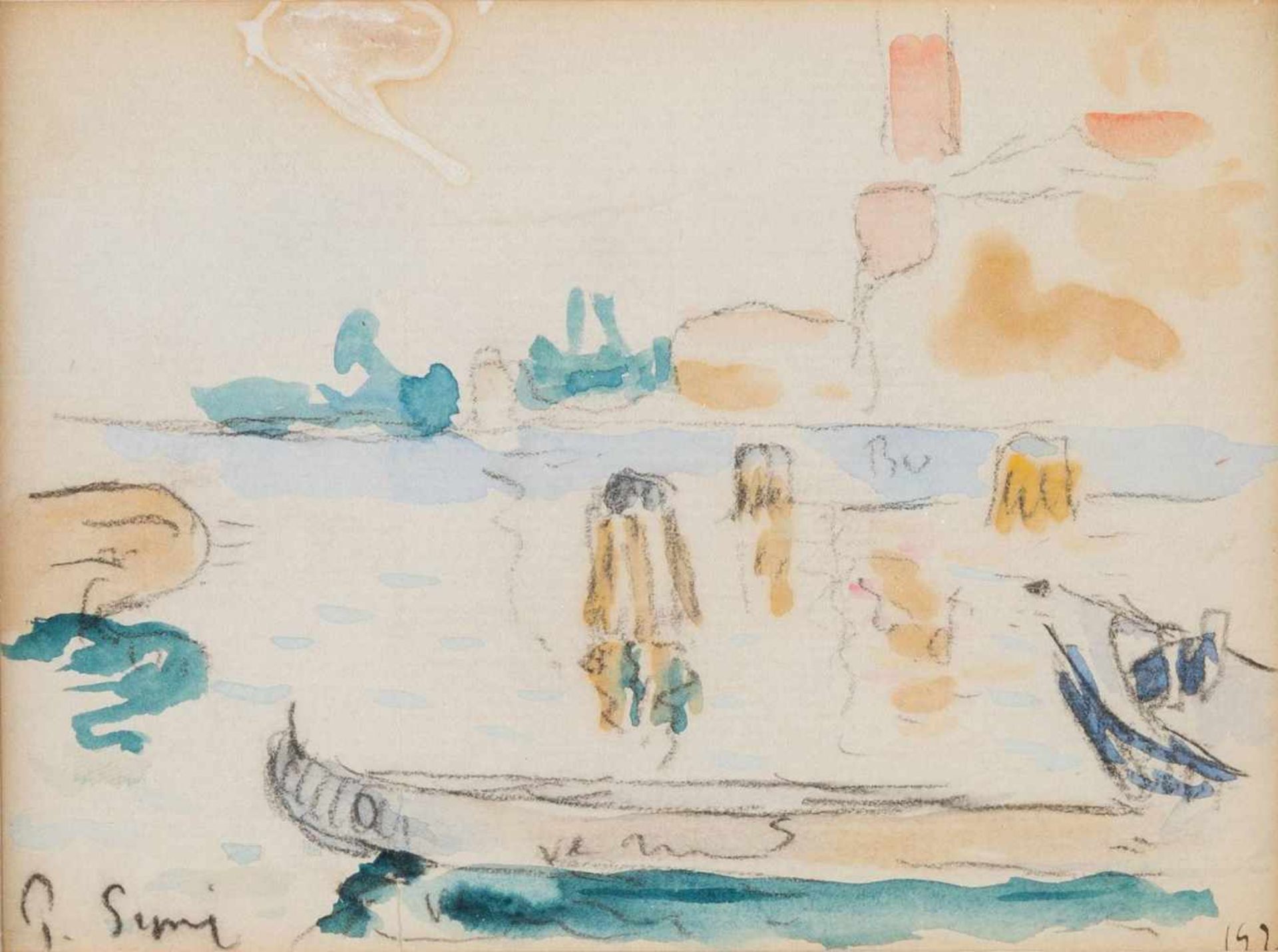 PAUL SIGNAC 1863 Paris - 1935 ebenda HAFENANSICHT MIT RUHENDEM BOOT Aquarellierte Bleistiftzeichnung