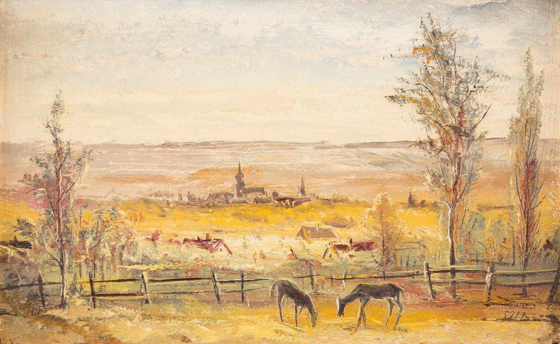 LORENZ BÖSKEN 1891 Geldern - 1967 Düsseldorf LANDSCHAFT MIT ZWEI WEIDENDEN PFERDEN Öl auf Platte. 21