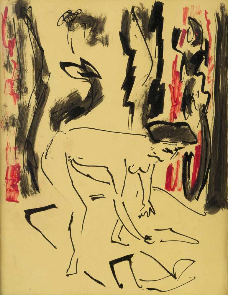 ERNST LUDWIG KIRCHNER 1880 Aschaffenburg - 1938 Frauenkirch/Davos SICH BÜCKENDER AKT Mischtechnik (