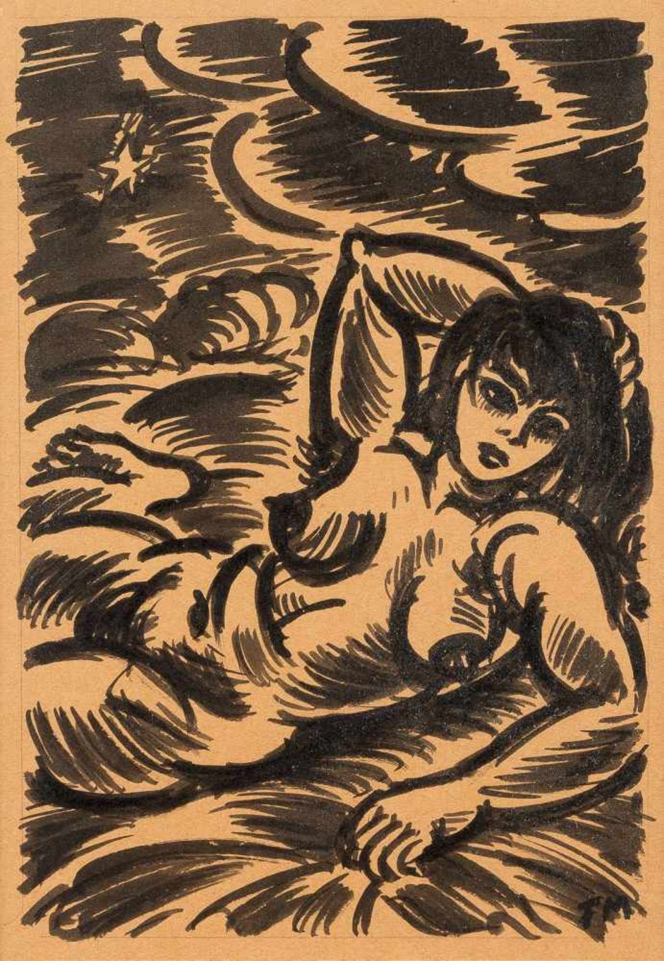 FRANS MASEREEL 1889 Blankenberghe - 1972 Avignon LIEGENDER WEIBLICHER AKT Tuschezeichnung auf