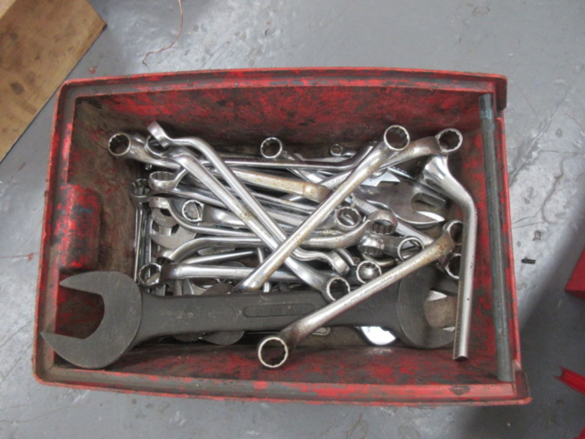 A quantity of assorted ring spanners as lotted. Holehouse Rd. Ground floor engineering.