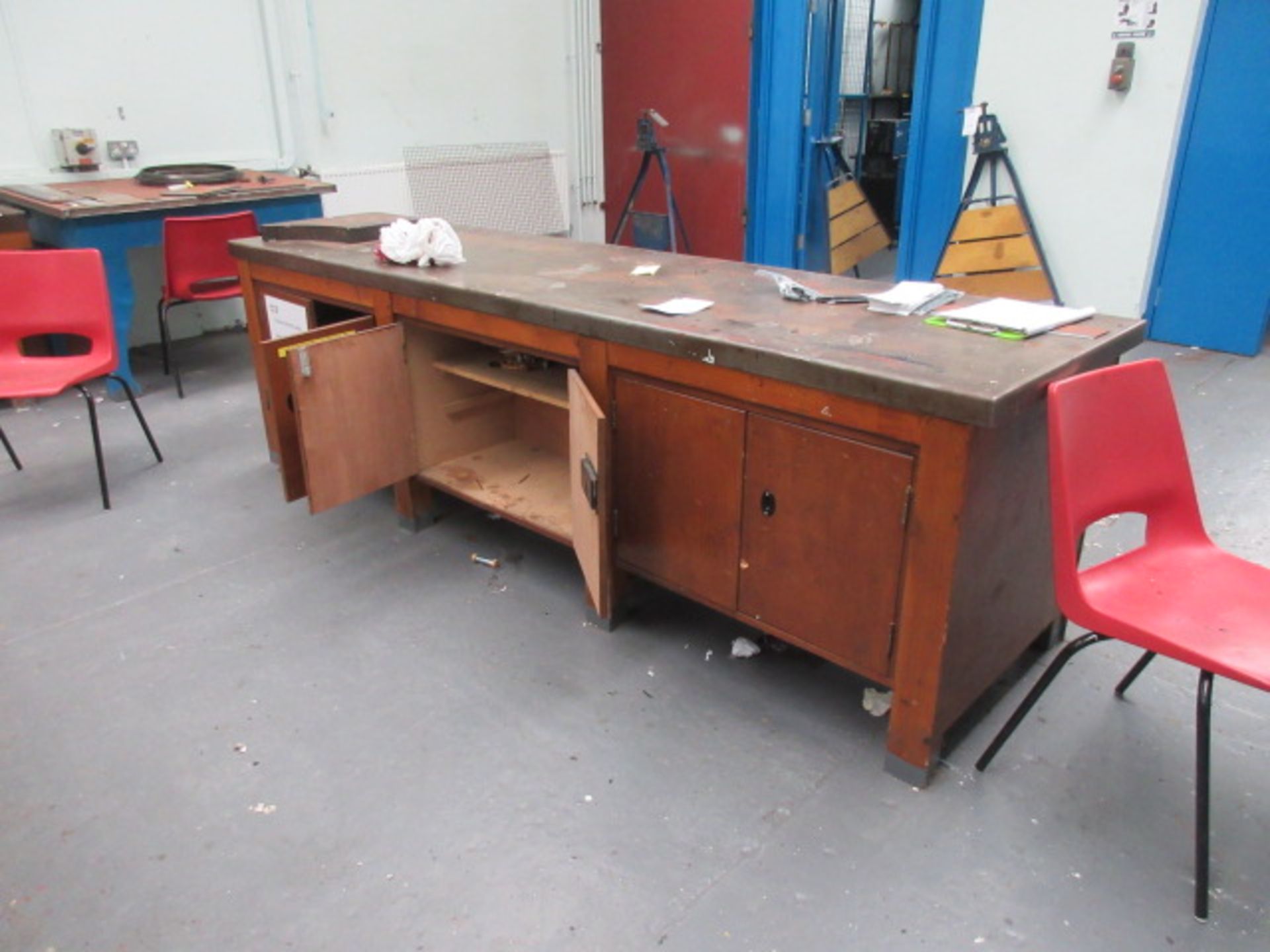 121"" x 30"" wooden double sided bench with under cupboards & sheet metal top. Holehouse Rd.