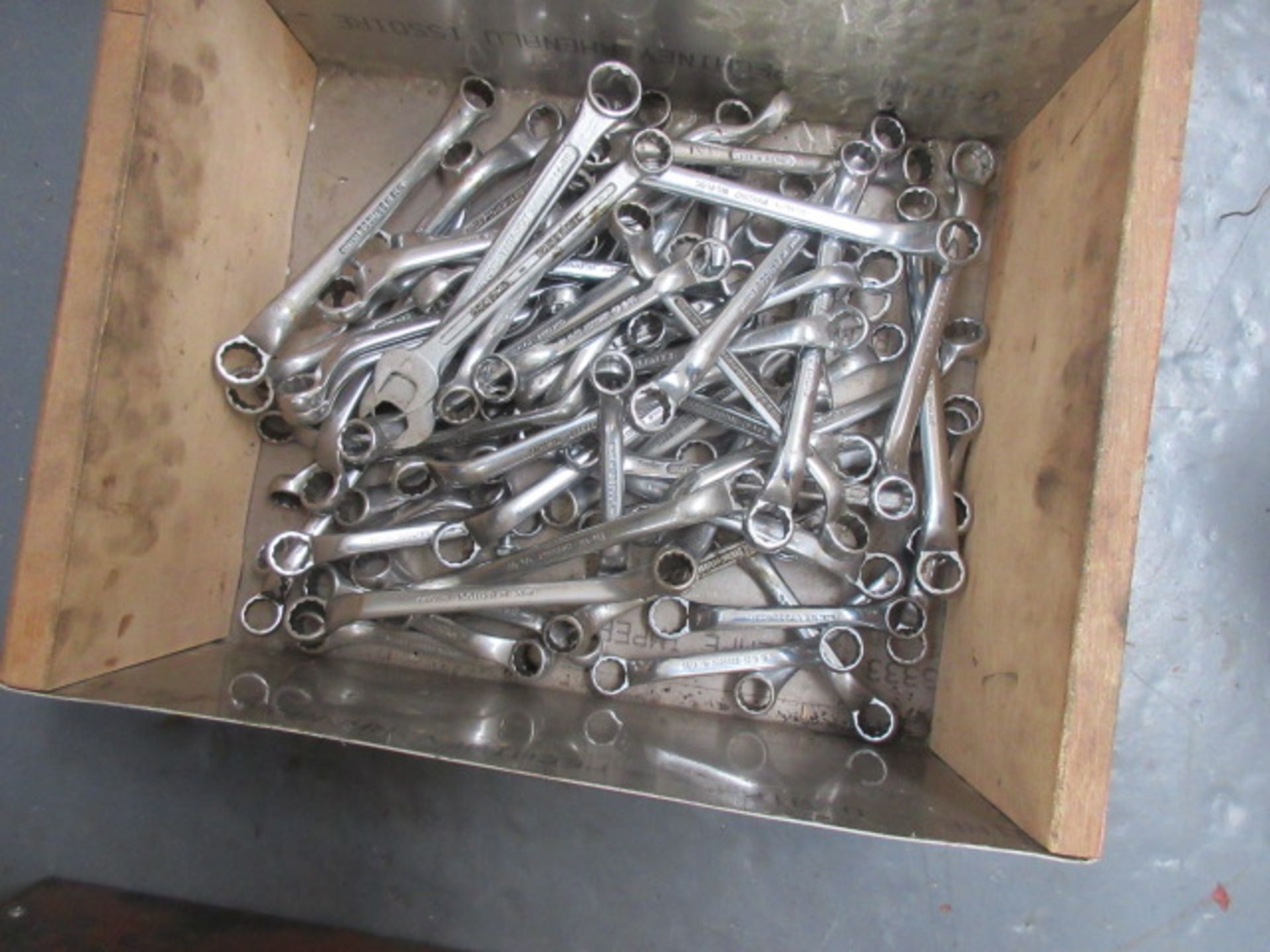 A quantity of assorted ring spanners as lotted. Holehouse Rd. Ground floor engineering.