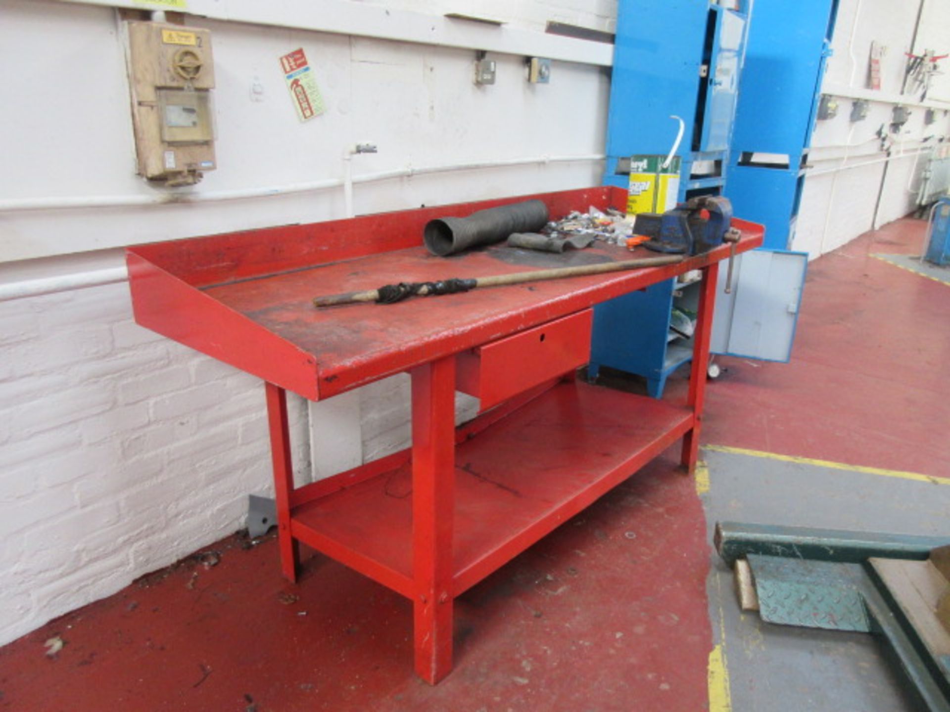 79"" x 26"" steel work bench with vice & drawer. Holehouse Road. Garage workshop.