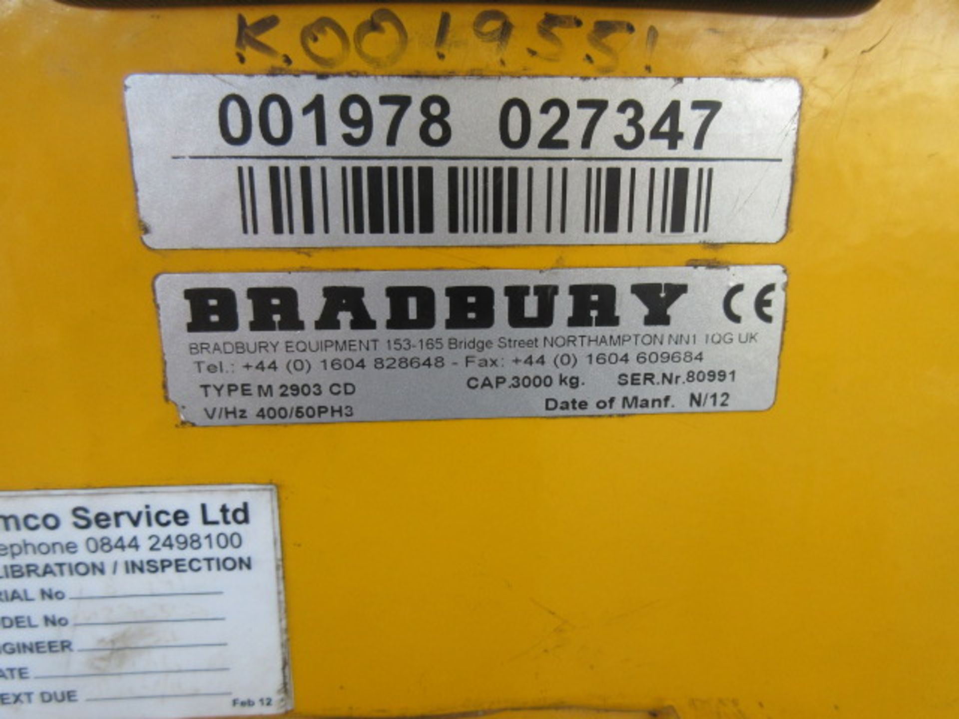 Bradbury M2903CD 3000kg 2 post electric vehicle lift, 400v 50Hz. Sn 80991 (2012) Holehouse Road. - Image 3 of 3