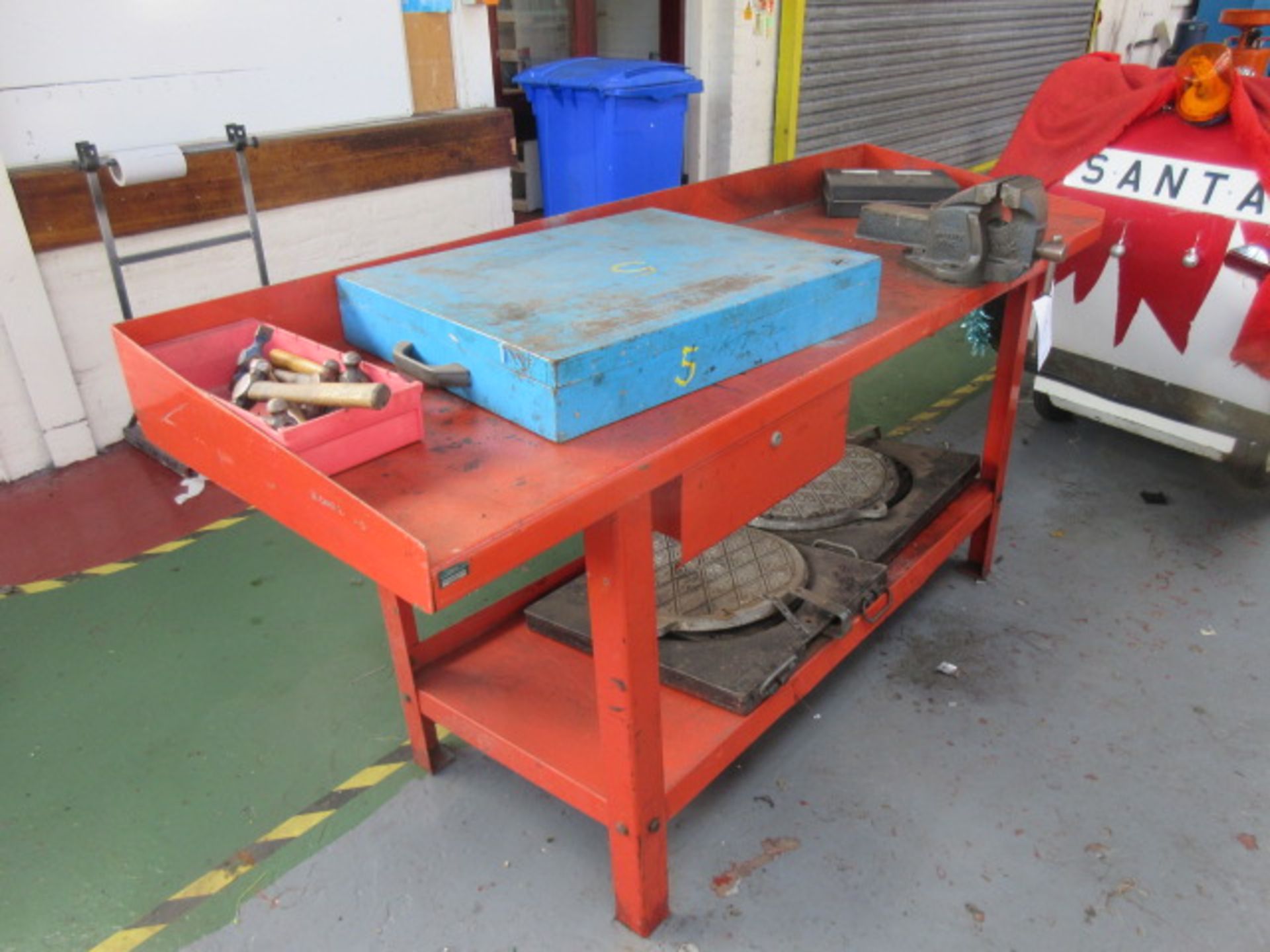 79"" x 26"" steel work bench with vice & drawer. Contents NOT included. Holehouse Road. Garage