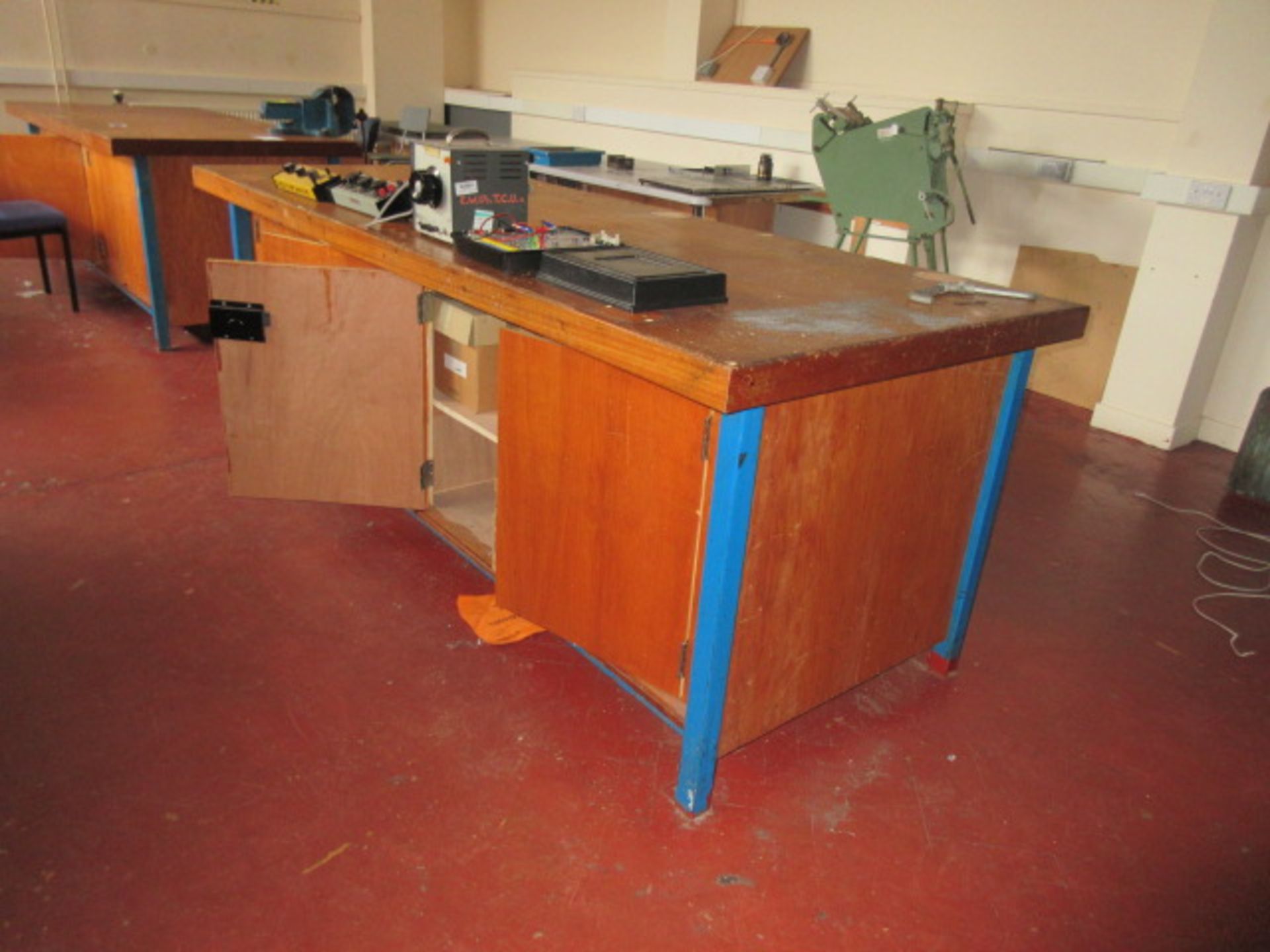 96"" x 41"" steel framed wooded clad work bench with under cupboards. Holehouse Rd. Ground floor