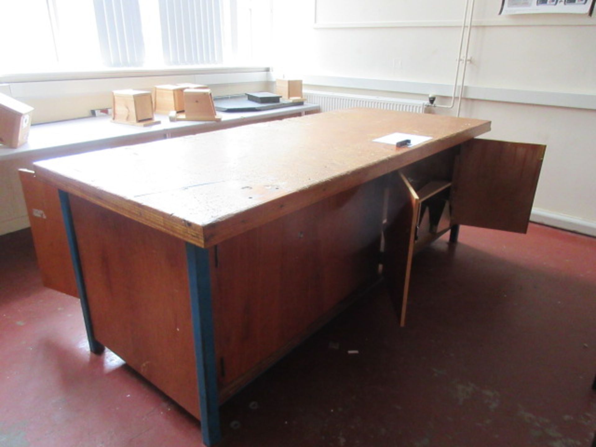 96"" x 41"" steel framed wooded clad work bench with under cupboards. Holehouse Rd. Ground floor