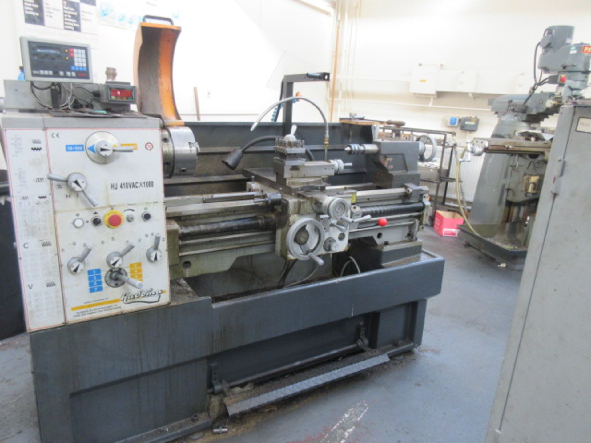 Huvema HU410Vac x 1000 gap bed lathe with 3 jaw chuck, tailstock, metric dials, Newall B60 2 axis