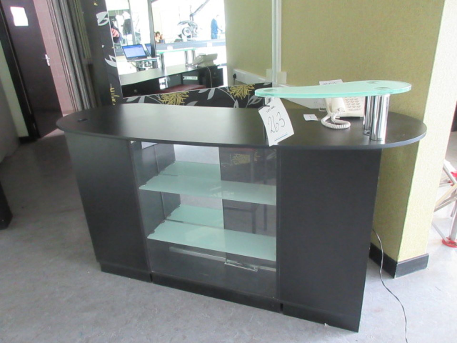 Hair Salon Reception Desk. Glass display shelves and rear draws. Stool Holehouse road. Hair Salon G9