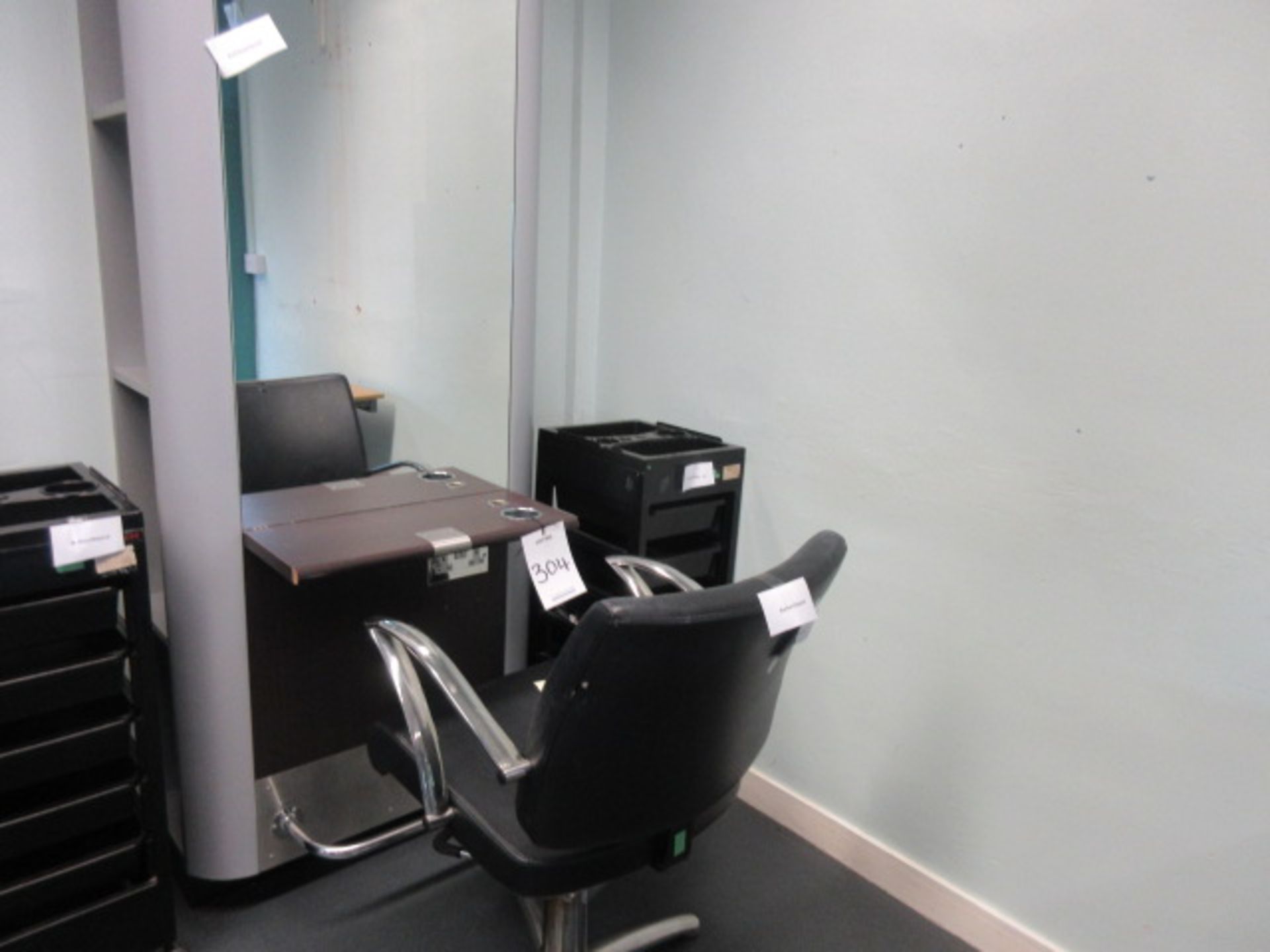 Salon Hair Stylist Back to Wall Mirror Frame. Double electric socket. Chair. Accessory trolley