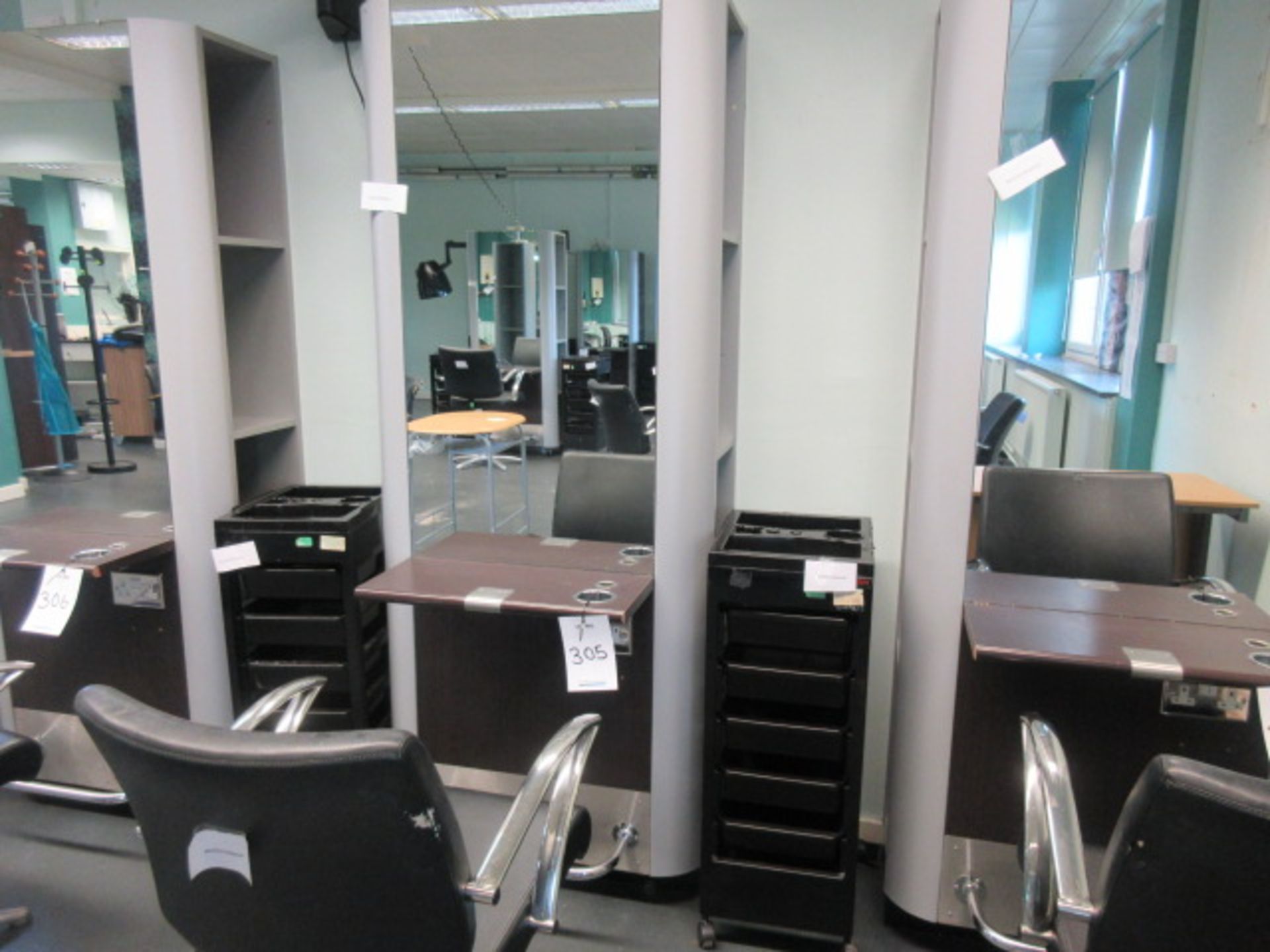 Salon Hair Stylist Back to Wall Mirror Frame. Double electric socket. Chair. Accessory trolley