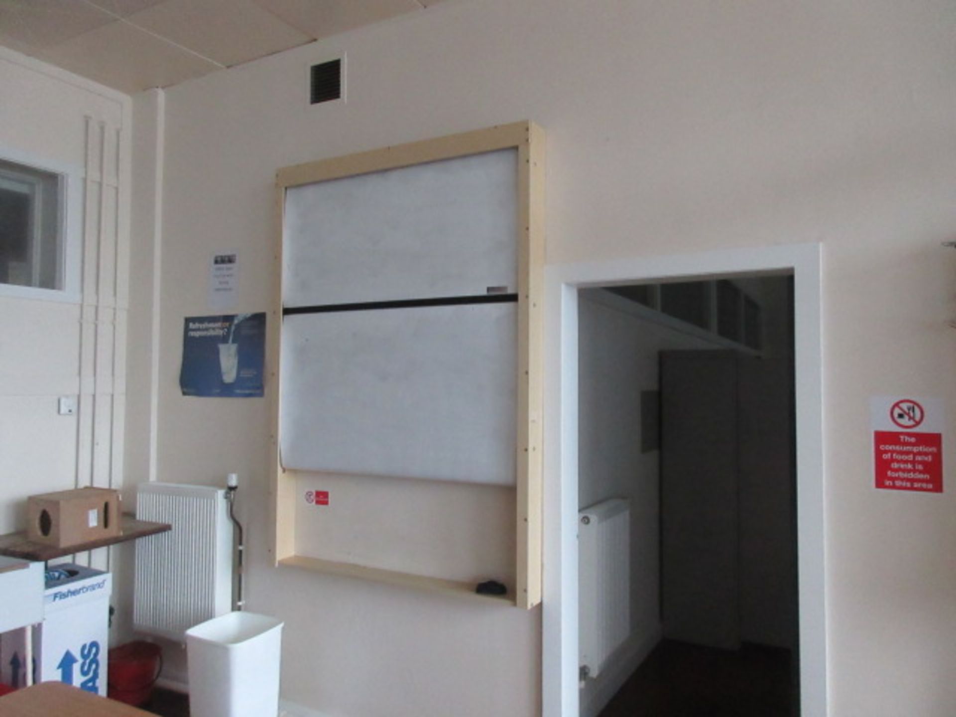 Scrolling white board 1250mm wide, dry wipe surface, wall mounted. Holehouse Road Science room R3