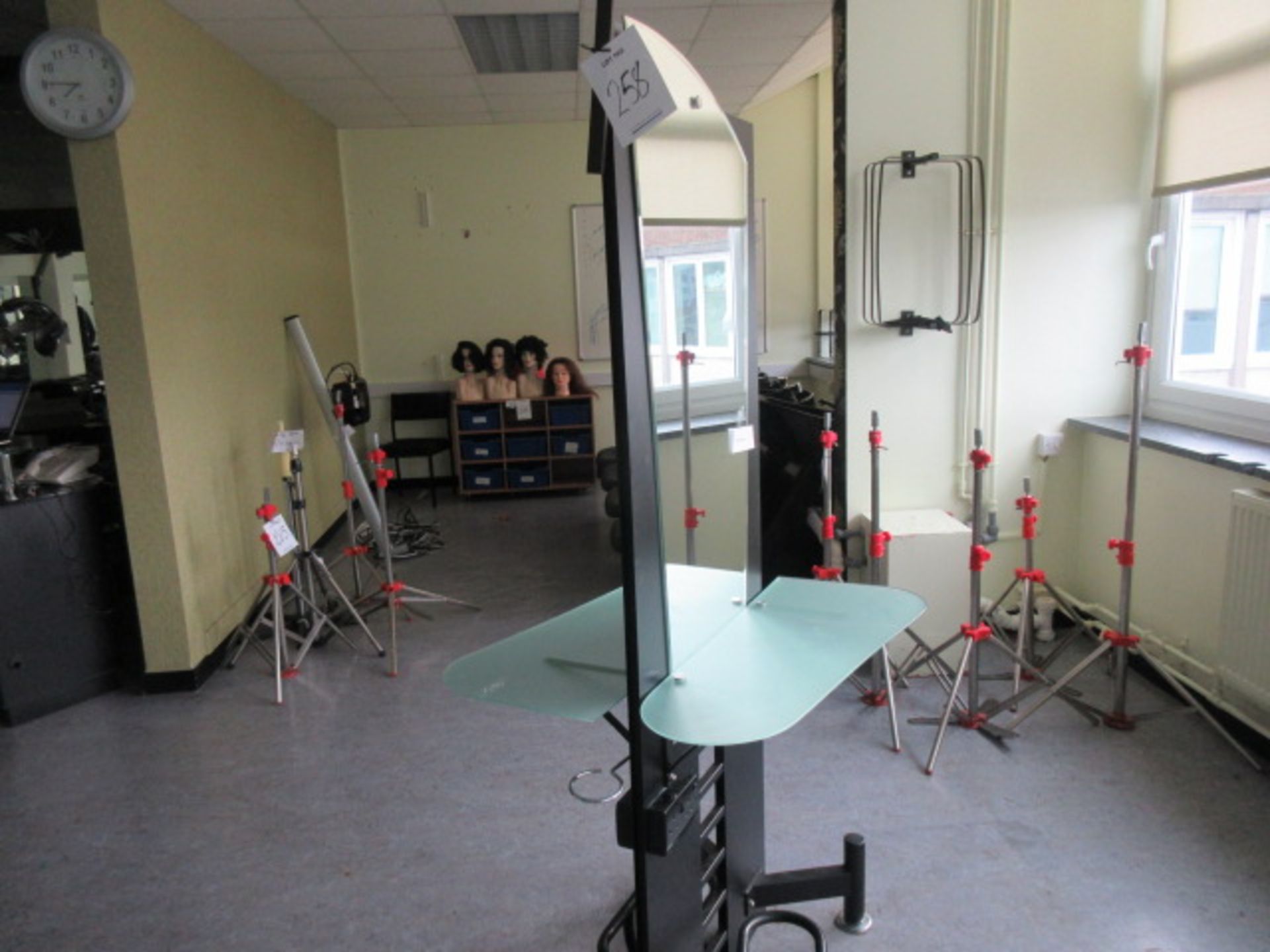 Salon Hair Stylist Double Mirror Frame Stand. Floor standing double sided mirror and glass shelf