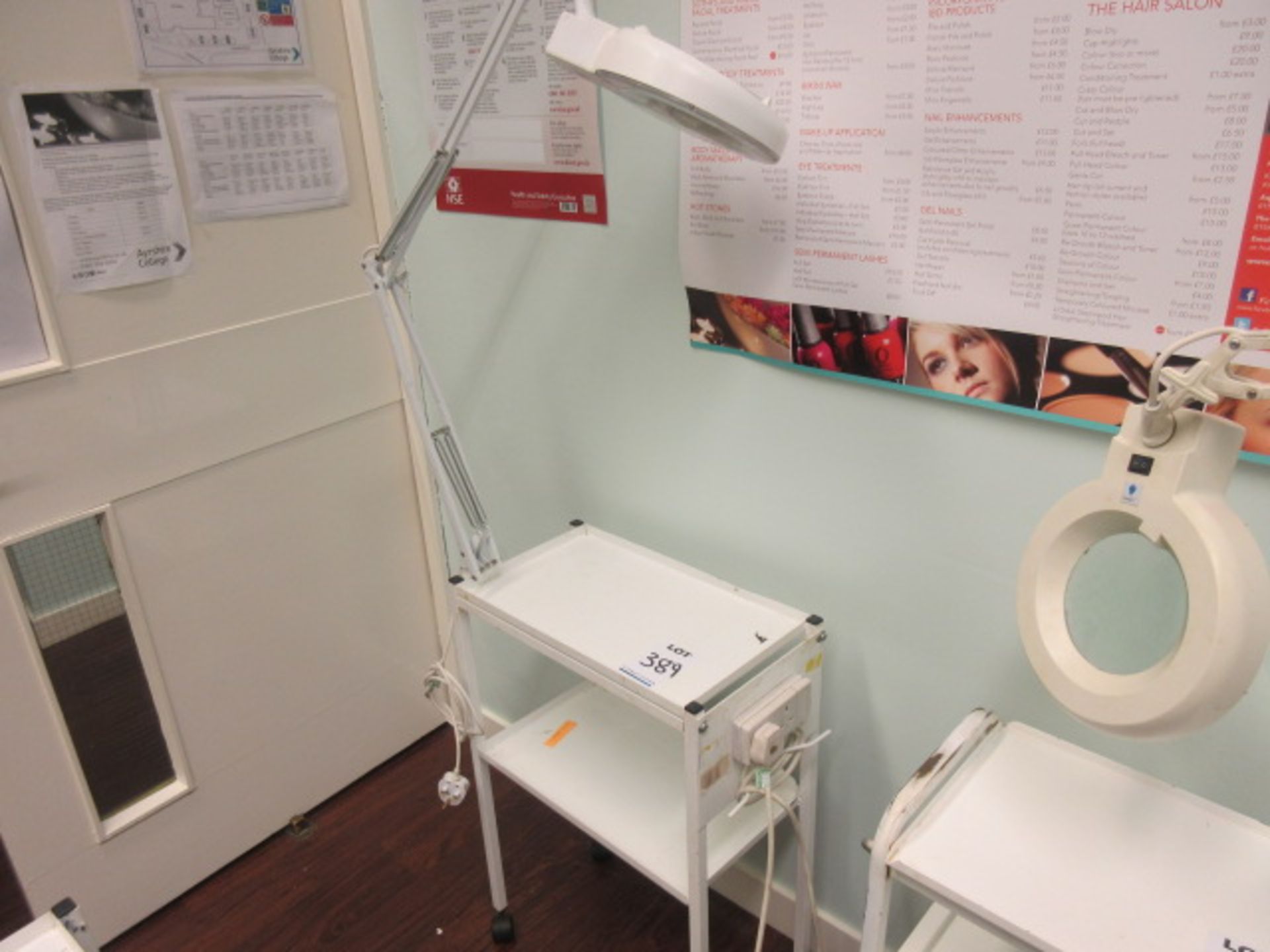 Beauty Therapy Trolley with Magnifying Lamp. Electric double socket. Holehouse Road. Beauty Salon