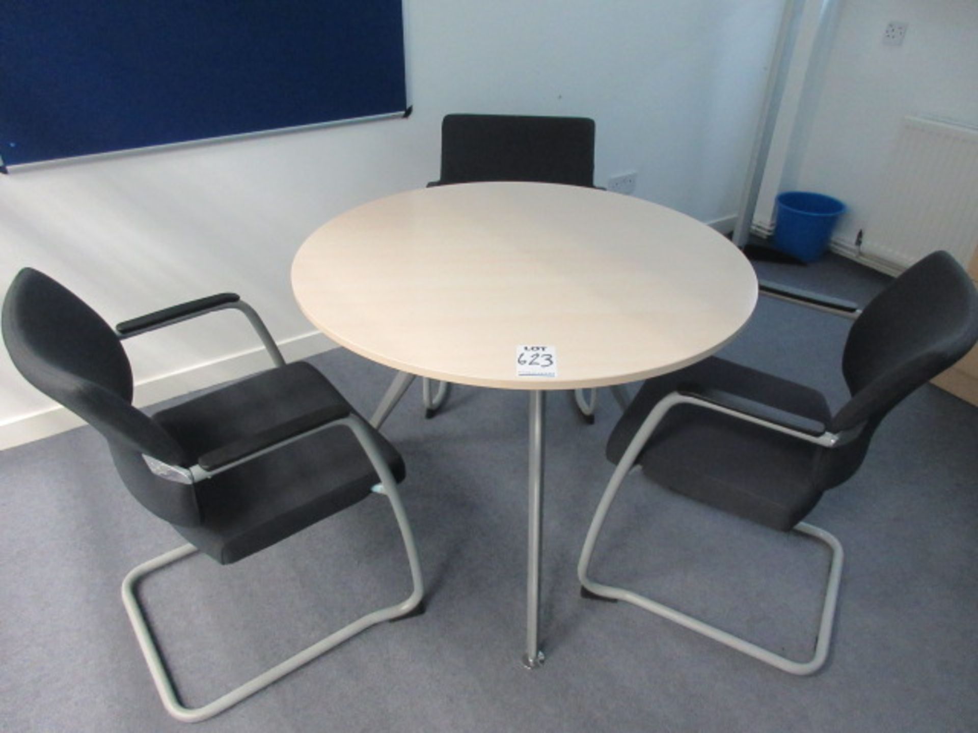 Office Furniture. To comprise round meeting table, size 1000 mm diameter. 3 cloth upholstered arm