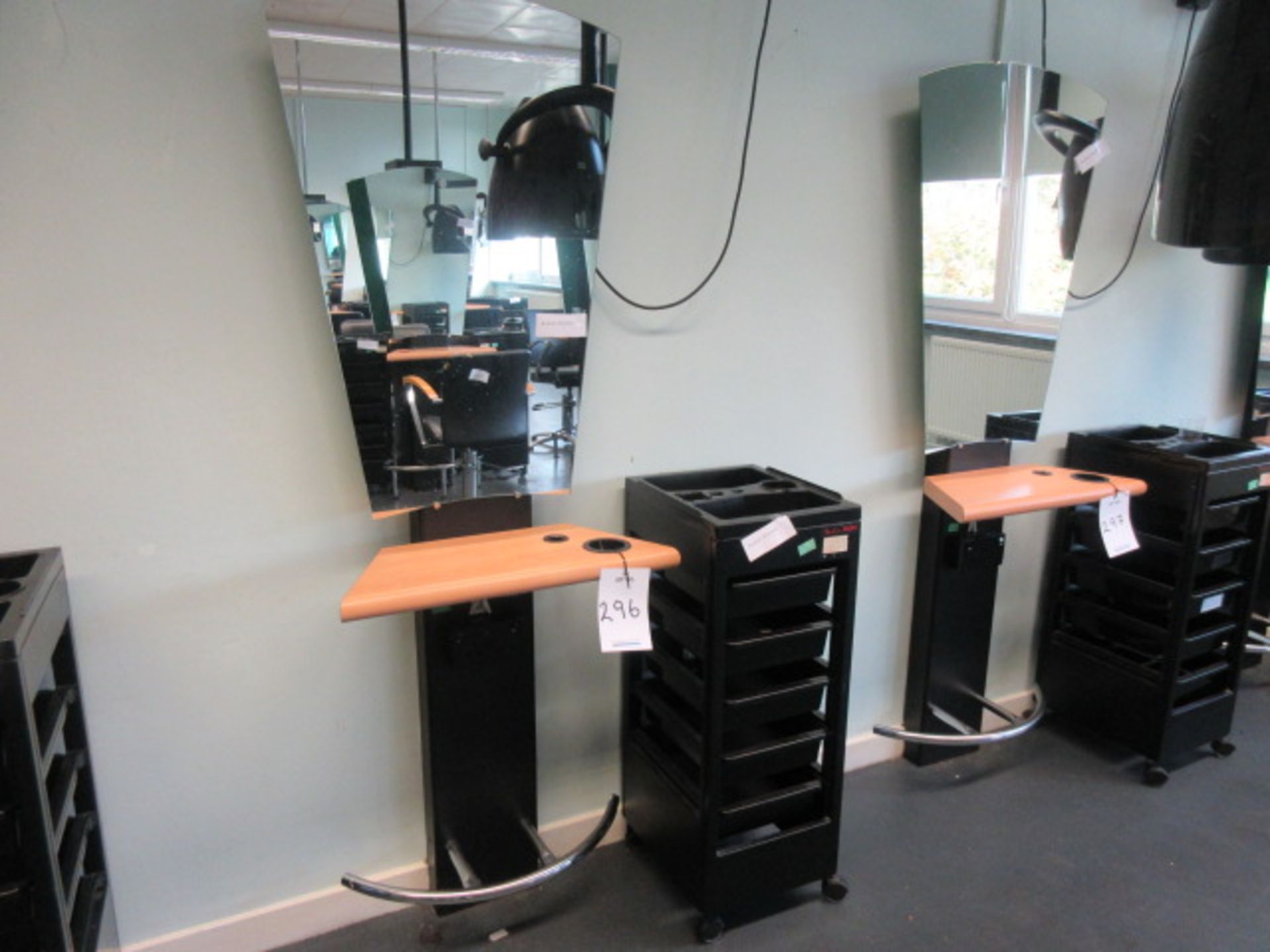 Salon Hair Stylist Back to Wall Mirror Frame. Double electric socket. Accessory trolley Holehouse