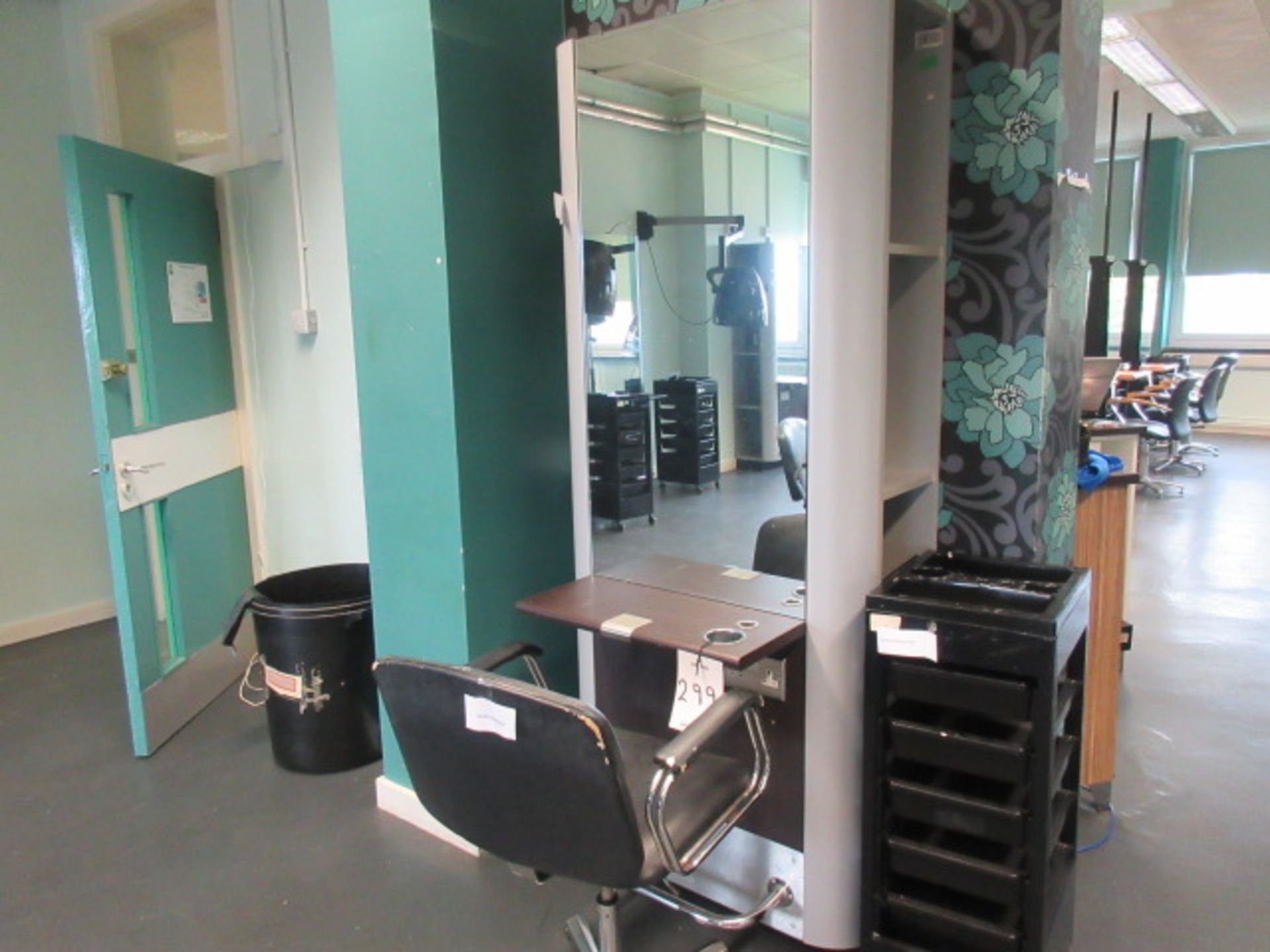 Salon Hair Stylist Back to Wall Mirror Frame. Double electric socket. Chair. Accessory trolley