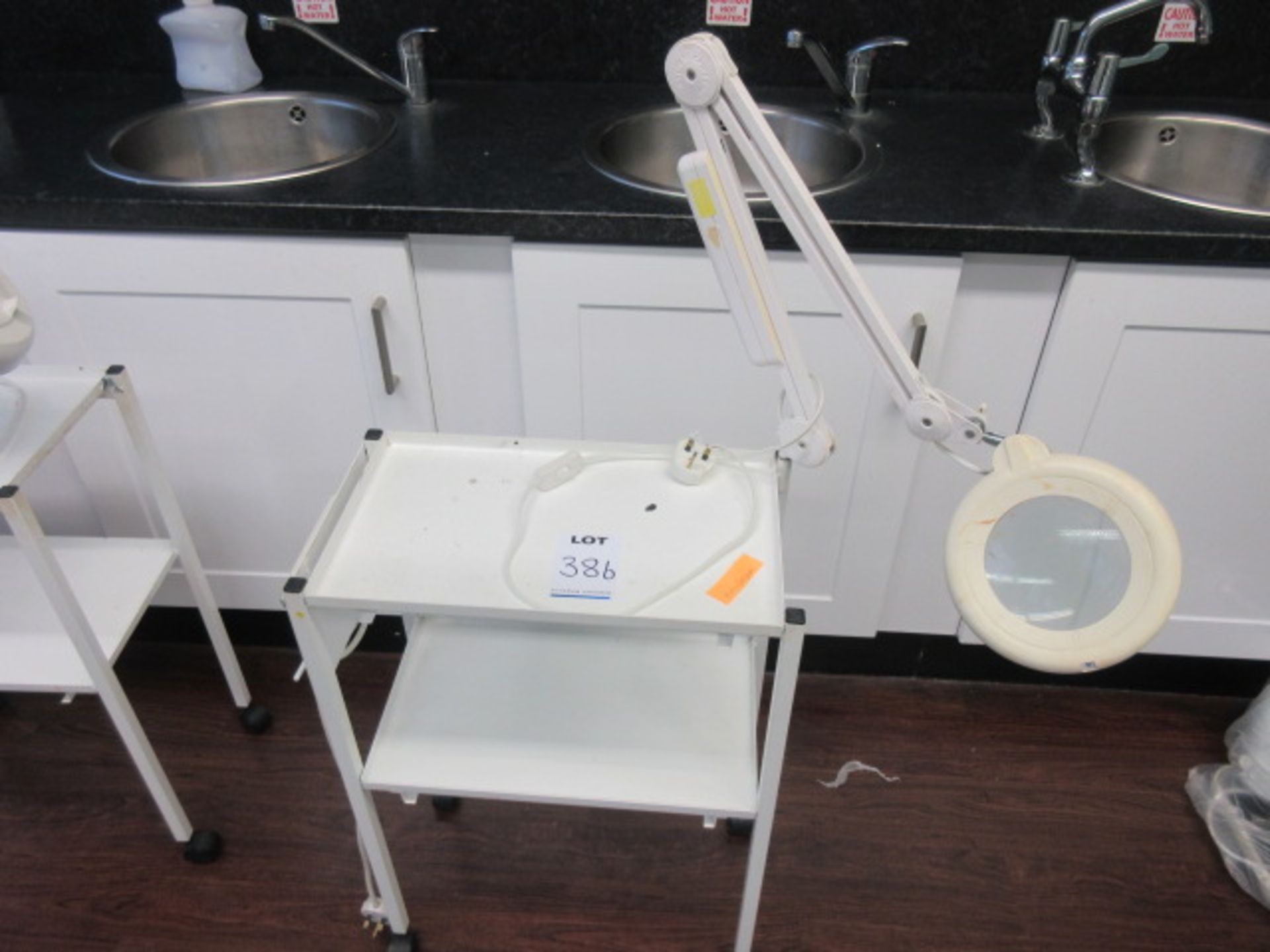 Beauty Therapy Trolley with Magnifying Lamp. Electric double socket. Holehouse Road. Beauty Salon