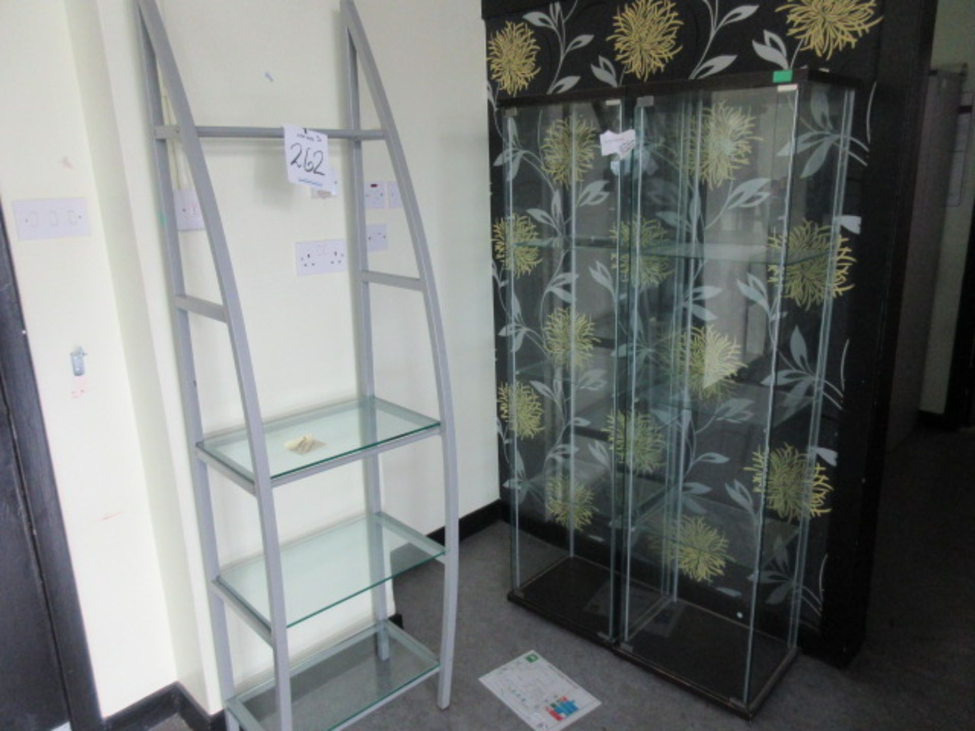 Glass Display Cabinet and Stand. Quantity 2 off glass display units. Quantity 1 off steel framed