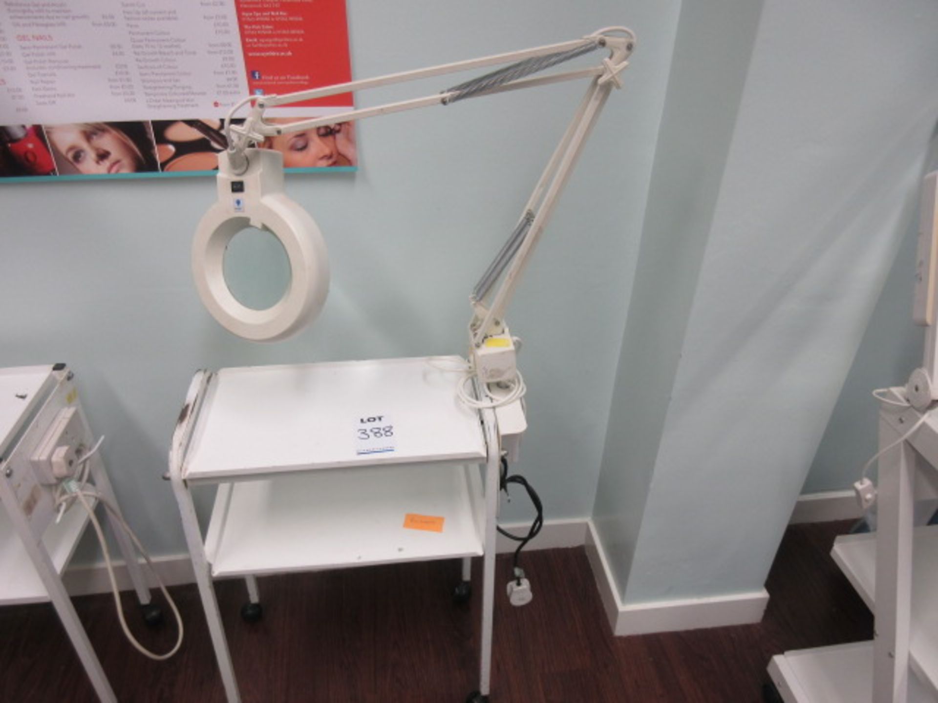 Beauty Therapy Trolley with Magnifying Lamp. Electric double socket. Holehouse Road. Beauty Salon