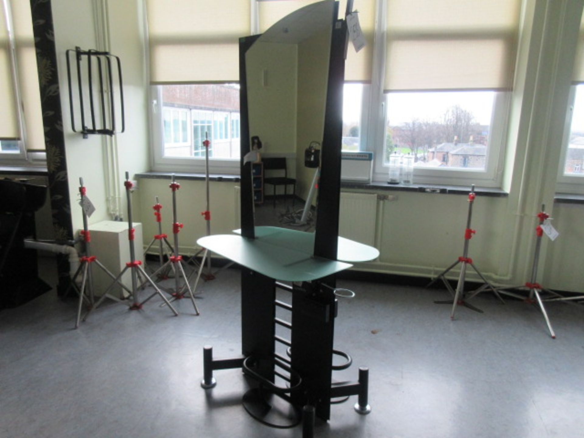 Salon Hair Stylist Double Mirror Frame Stand. Floor standing double sided mirror and glass shelf - Image 2 of 3