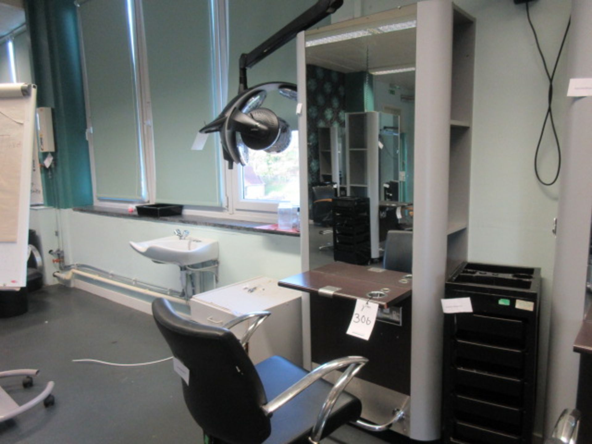 Salon Hair Stylist Back to Wall Mirror Frame. Double electric socket. Chair. Accessory trolley