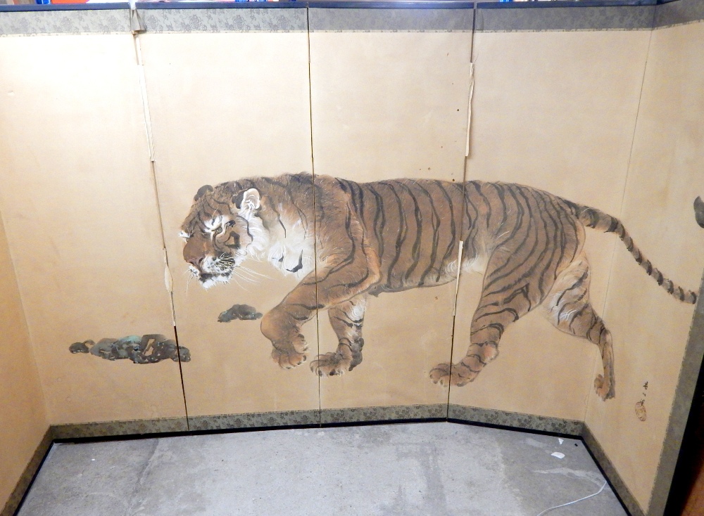 Early Meiji period six fold paper byobu (screen), decorated with a prowling tiger,