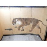 Early Meiji period six fold paper byobu (screen), decorated with a prowling tiger,