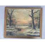 In the manner of Louis Apol, winter landscape of river running through forest, oil on canvas,