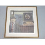 After Ruskin Spear, 'The Arty Tie', a man in flat hat smoking a rollie by a dartboard,